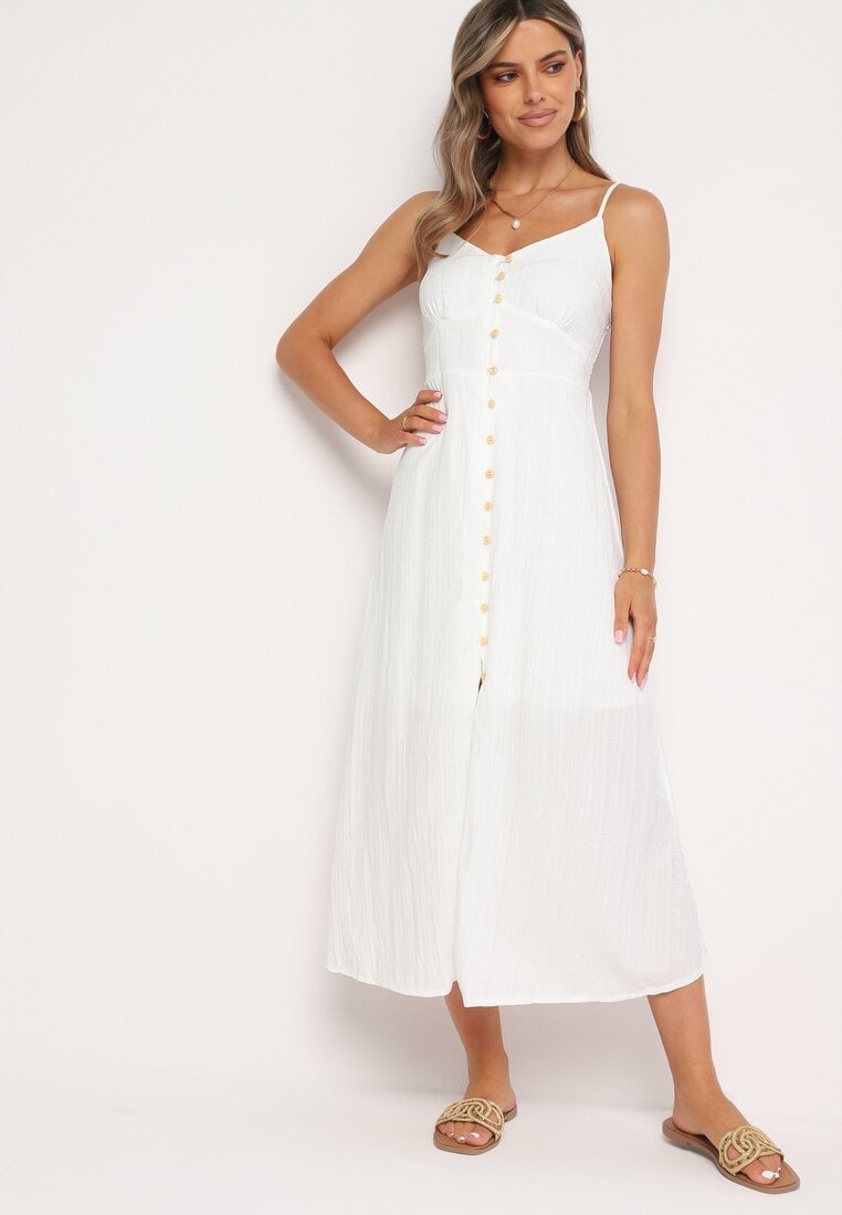 Biała Sukienka na Cienkich Regulowanych Ramiączkach Zapinana na Guziki Palfea