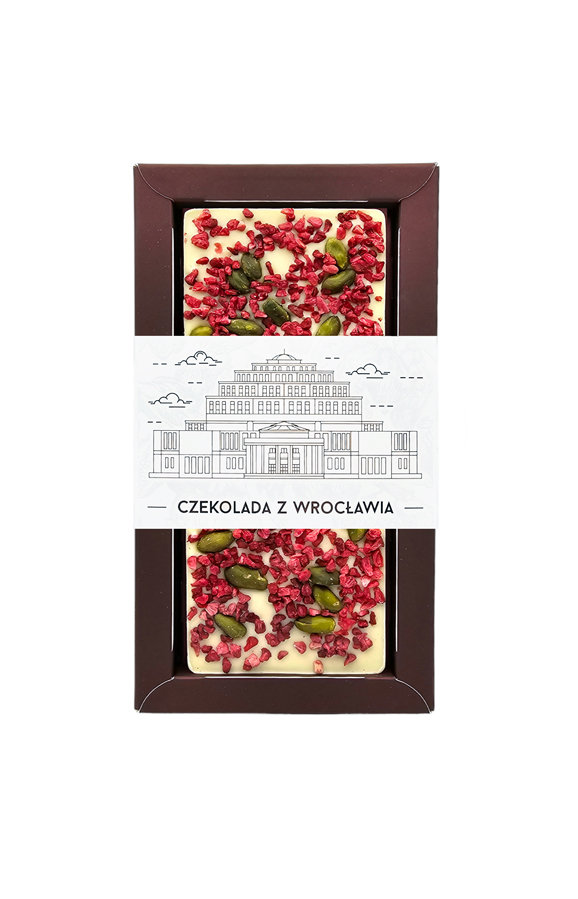 Czekolada z białej czekolady z malinami i pistacjami