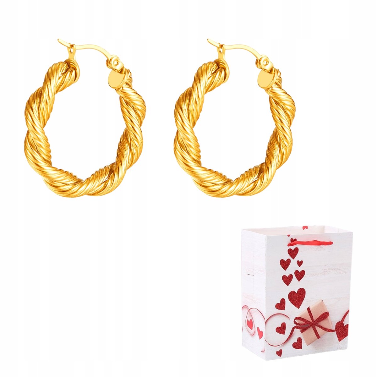 Kolczyki Złote Plecione Skręcone Duże Koła Zatrzask Stal Chirurgiczna