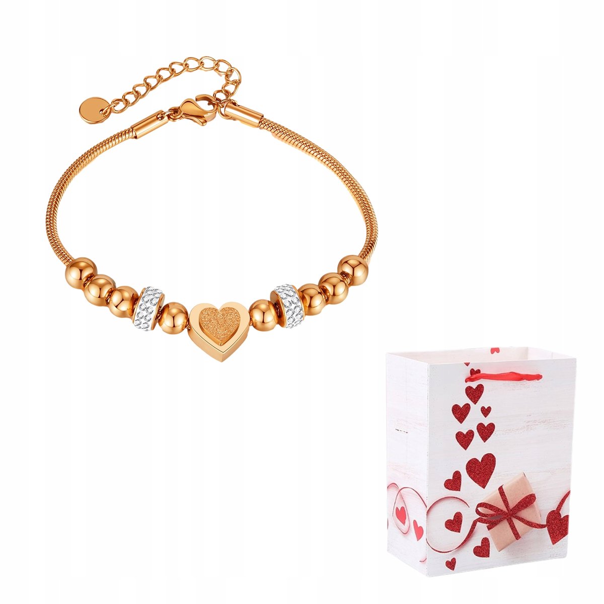Bransoletka Oszronione Serce Kulki Kryształ Stal Chirurgiczna Różowe Złoto