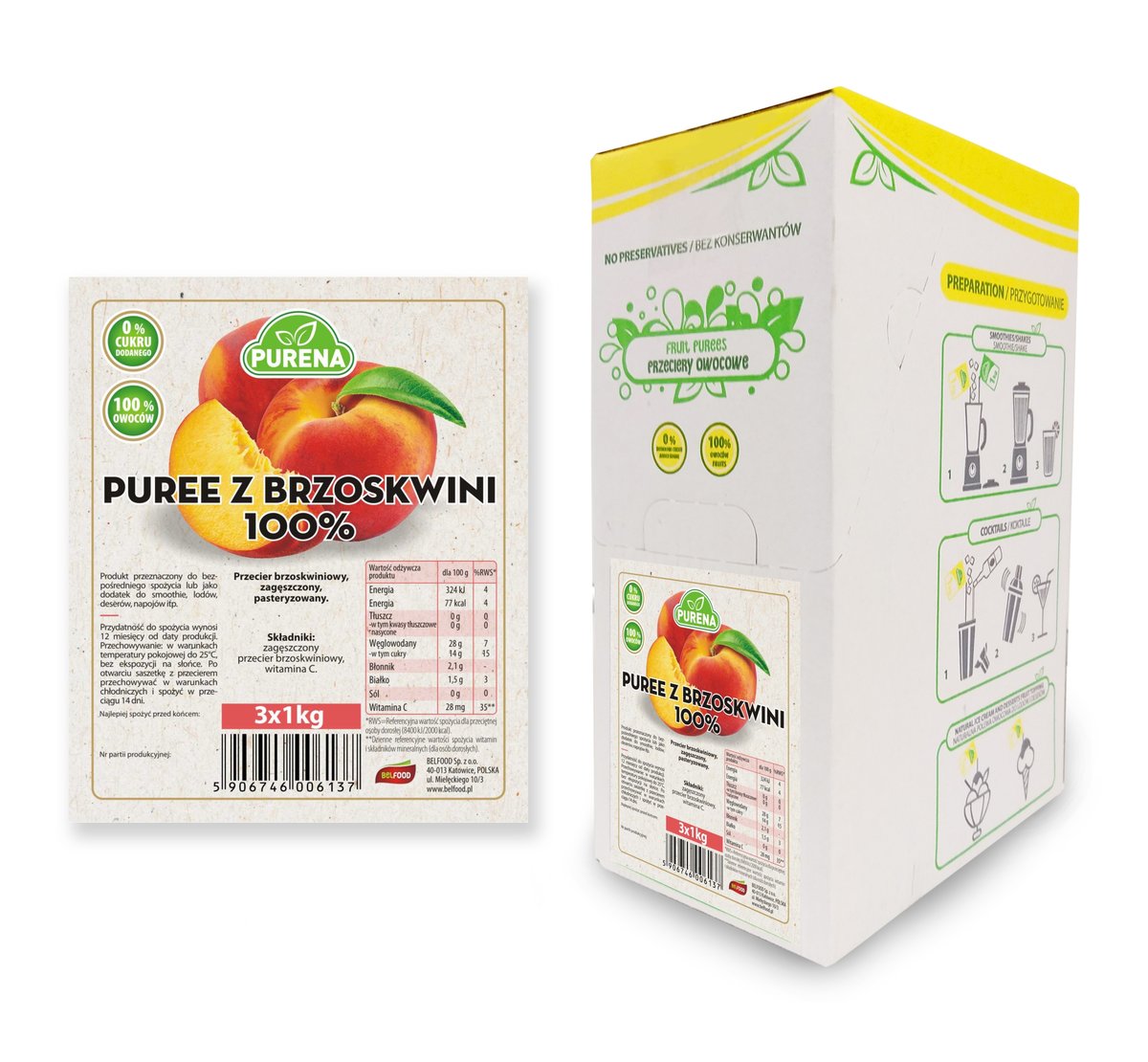 Puree brzoskwiniowe 100% Purena (3x1kg)