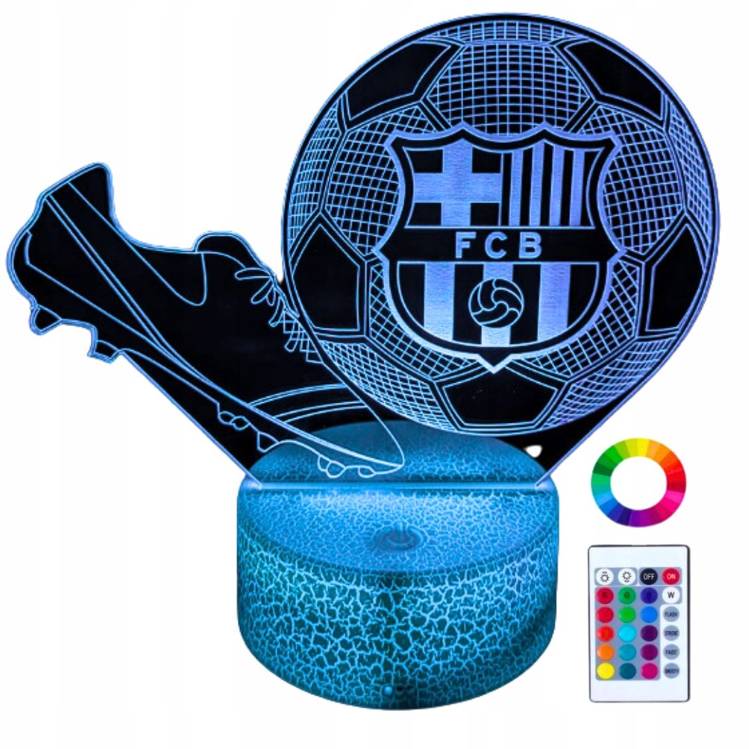Lampka Nocna Biurkowa dla Dzieci FC Barcelona Piłka Korki 16 LED 3D + Pilot