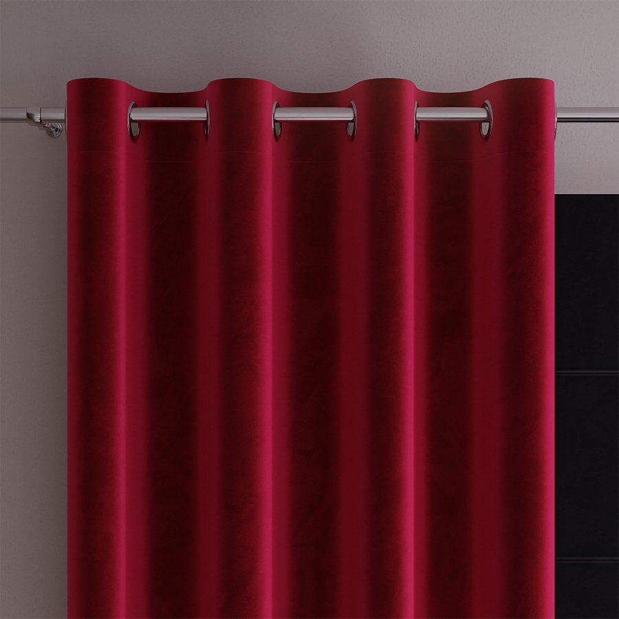 Gotowa zasłona z miękkiej welwetowej tkaniny Velvi, kolor czerwony na przelotkach, rozmiar: 140x260 cm