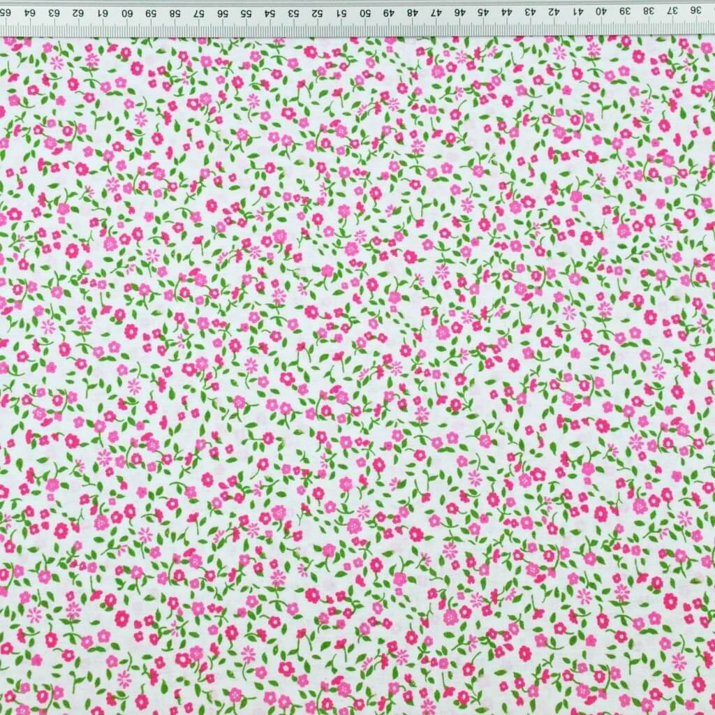 Tkanina bawełniana łączka zielono różowa na białym tle
