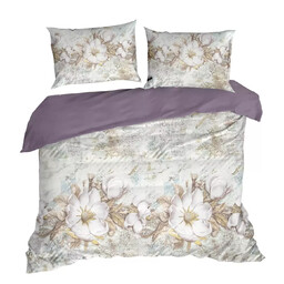 Eurofirany Pościel satynowa 220x200 Spring 26 biała wrzosowa kwiaty