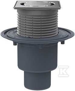 Wpust stropowy DN50/75/110 pionowy z kołnierzem przyłączeniowym, syfonem antyzapachowym Primus blue i nasadą ze stali szlachetnej 121x121mm z rusztem