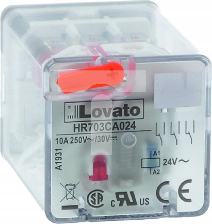 Lovato Przekaźnik przemysłowy ze wskaźnikiem LED i przyciskiem mechanicznym, sterowanie 24VDC, 3C/O, 10A, do gniazd 11 pinowych HR7XS2 HR703CD024