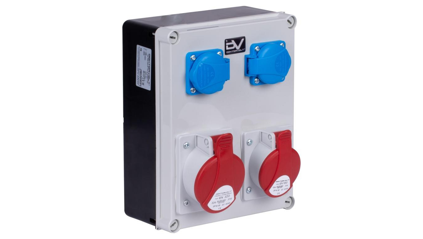 Doktorvolt Rozdzielnica budowlana FRED hermetyczna IP54 + 2x gniazdo siłowe 5P (400V 32A + 16A) + 2x gniazdo 2P+Z (230V 16A) DV-