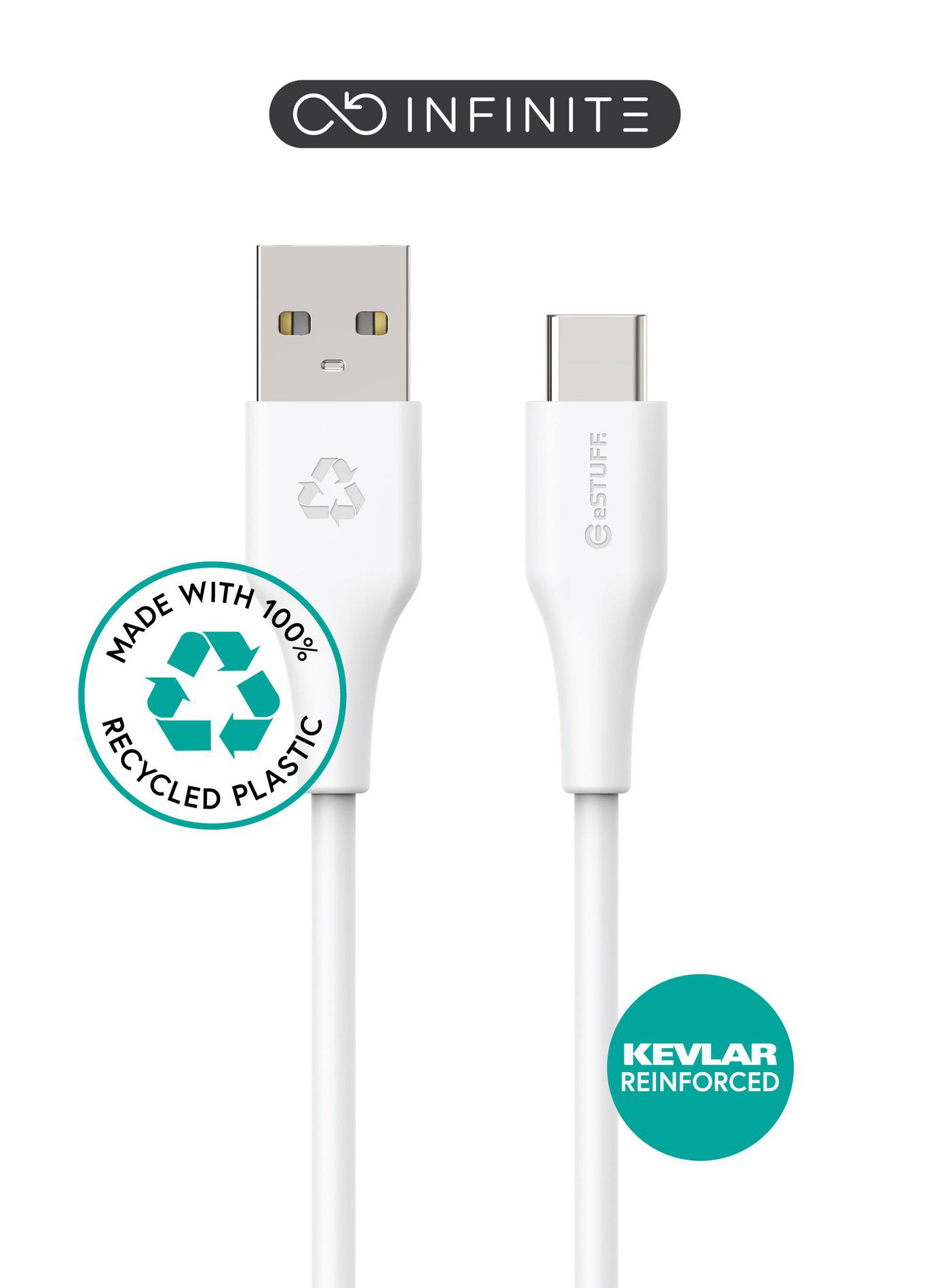 EStuff INFINITE Kabel USB-C na USB-A 1m Biały. Plastik z recyklingu. Super miękki