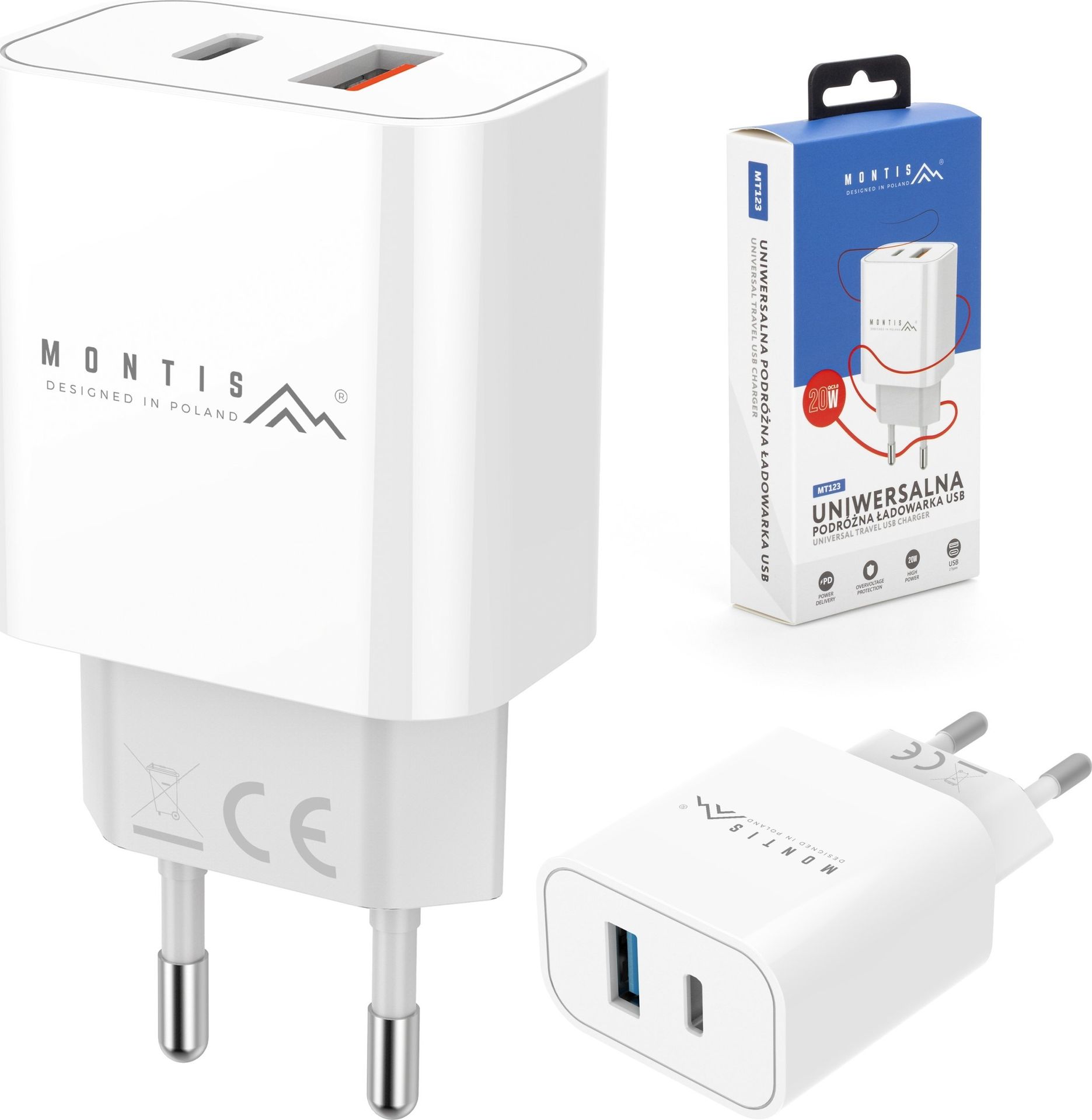 Ładowarka sieciowa USB Typu A + USB typu C 20W MT123 Montis