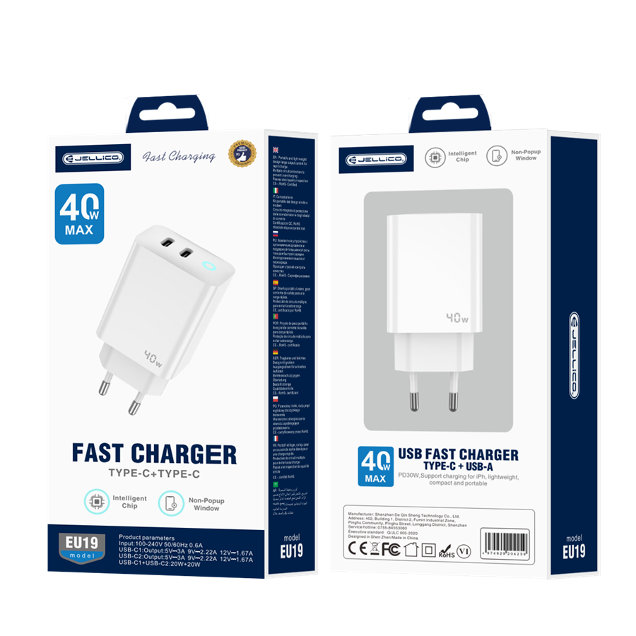 JELLICO ładowarka sieciowa EU19 GaN PD 40W 2xUSB-C + kabel USB-C - USB-C Biały