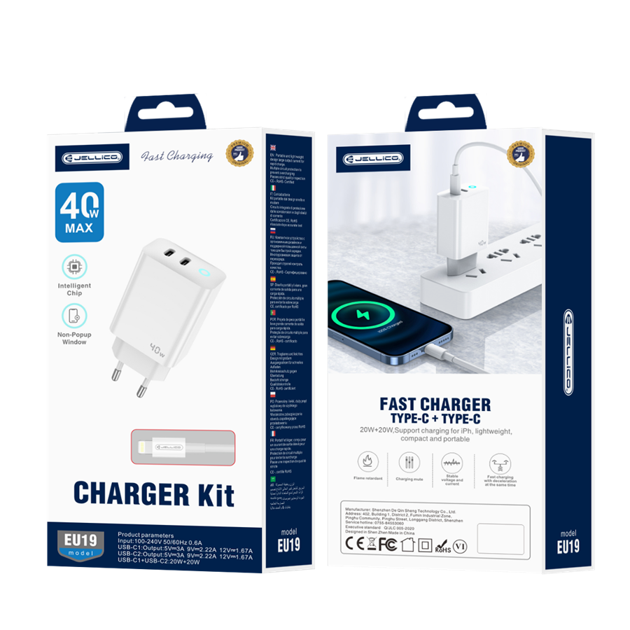 JELLICO ładowarka sieciowa EU19 GaN PD 40W 2xUSB-C + kabel USB-C - Lightning Biały