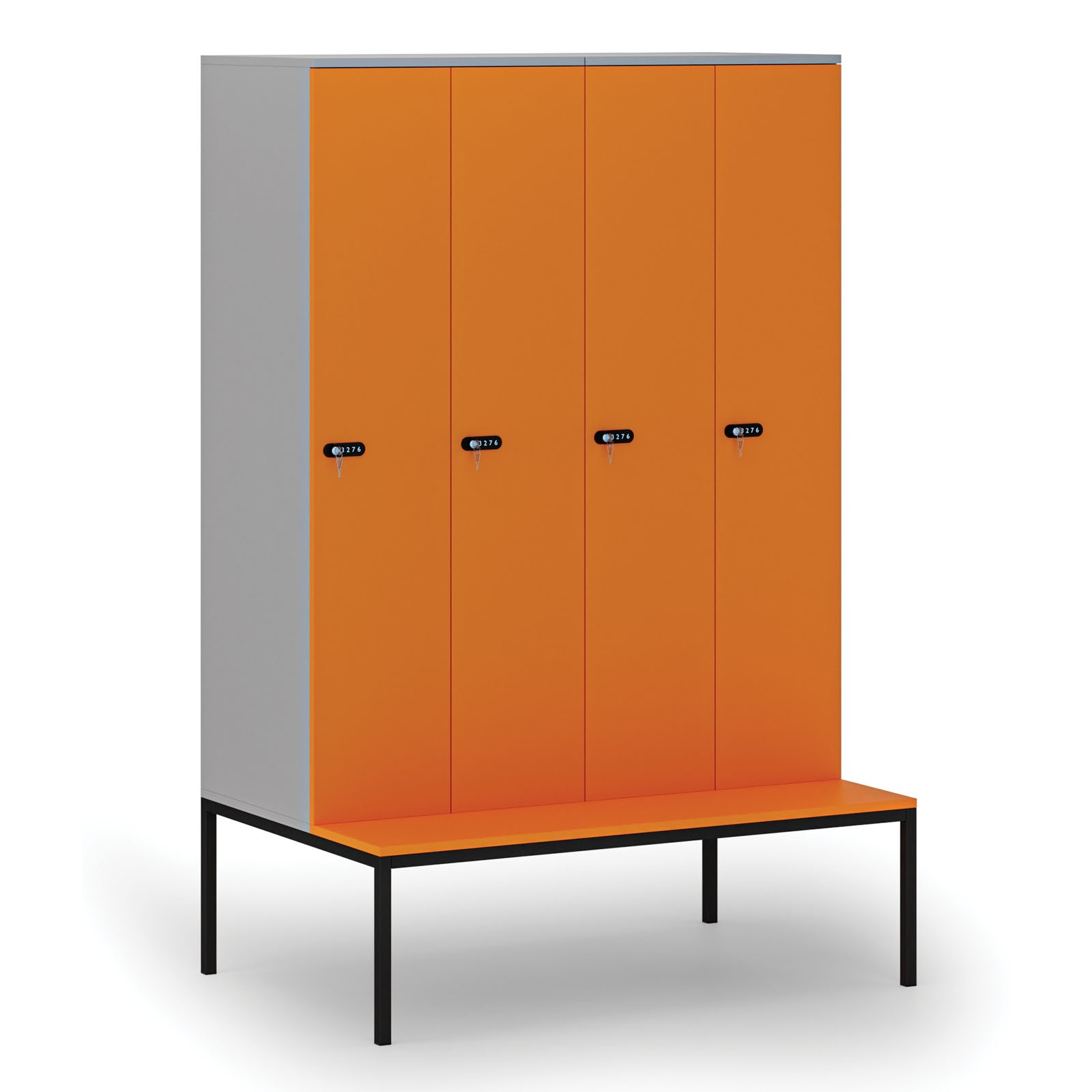 Drewniana szafa ubraniowa z ławką, 4-drzwiowa, 1871 x 1200 x 500/800 mm, zamek mechaniczny z kodem, szary/pomarańczowy