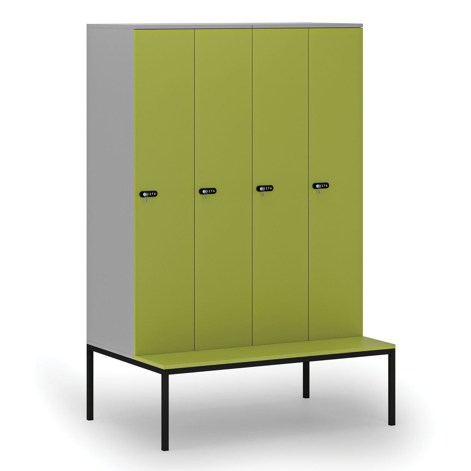 Drewniana szafa ubraniowa z ławką, 4-drzwiowa, 1871 x 1200 x 500/800 mm, zamek mechaniczny z kodem, szary/zielony