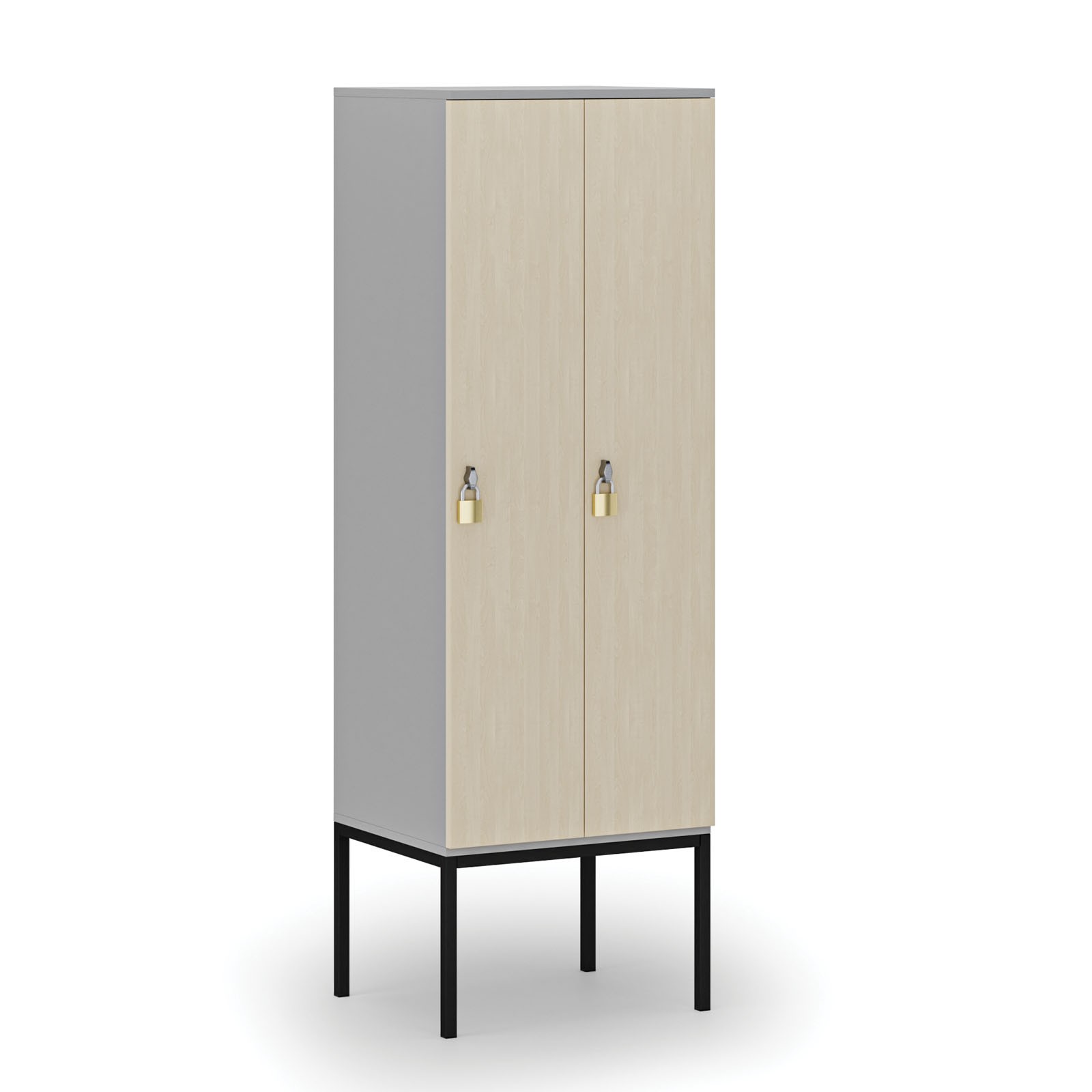 Drewniana szafa ubraniowa z podstawą, 2 przegródki, zamek obrotowy, szary/brzoza