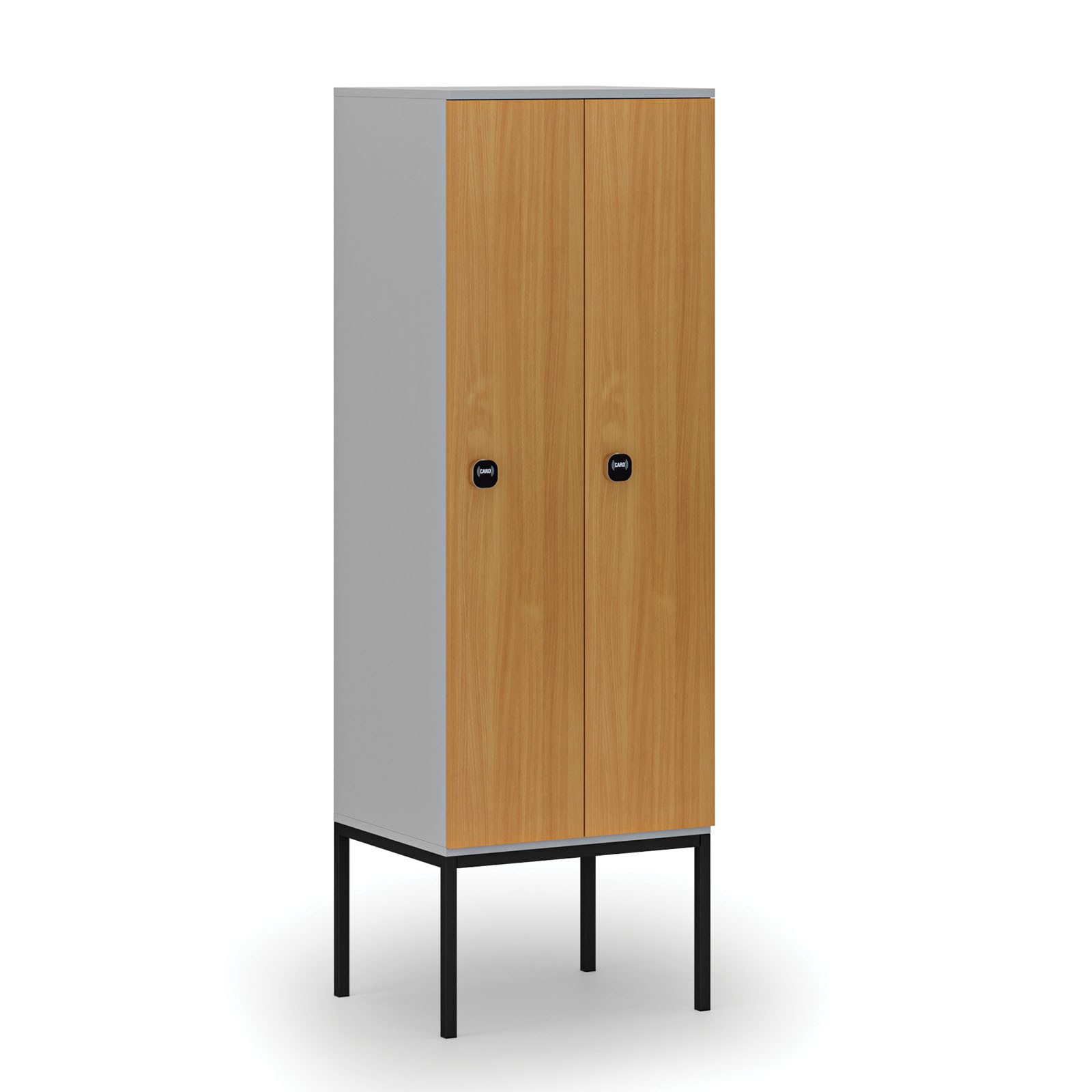 Drewniana szafa ubraniowa z podstawą, 2-drzwiowa, 1871 x 600 x 500 mm, zamek RFID, szary/buk