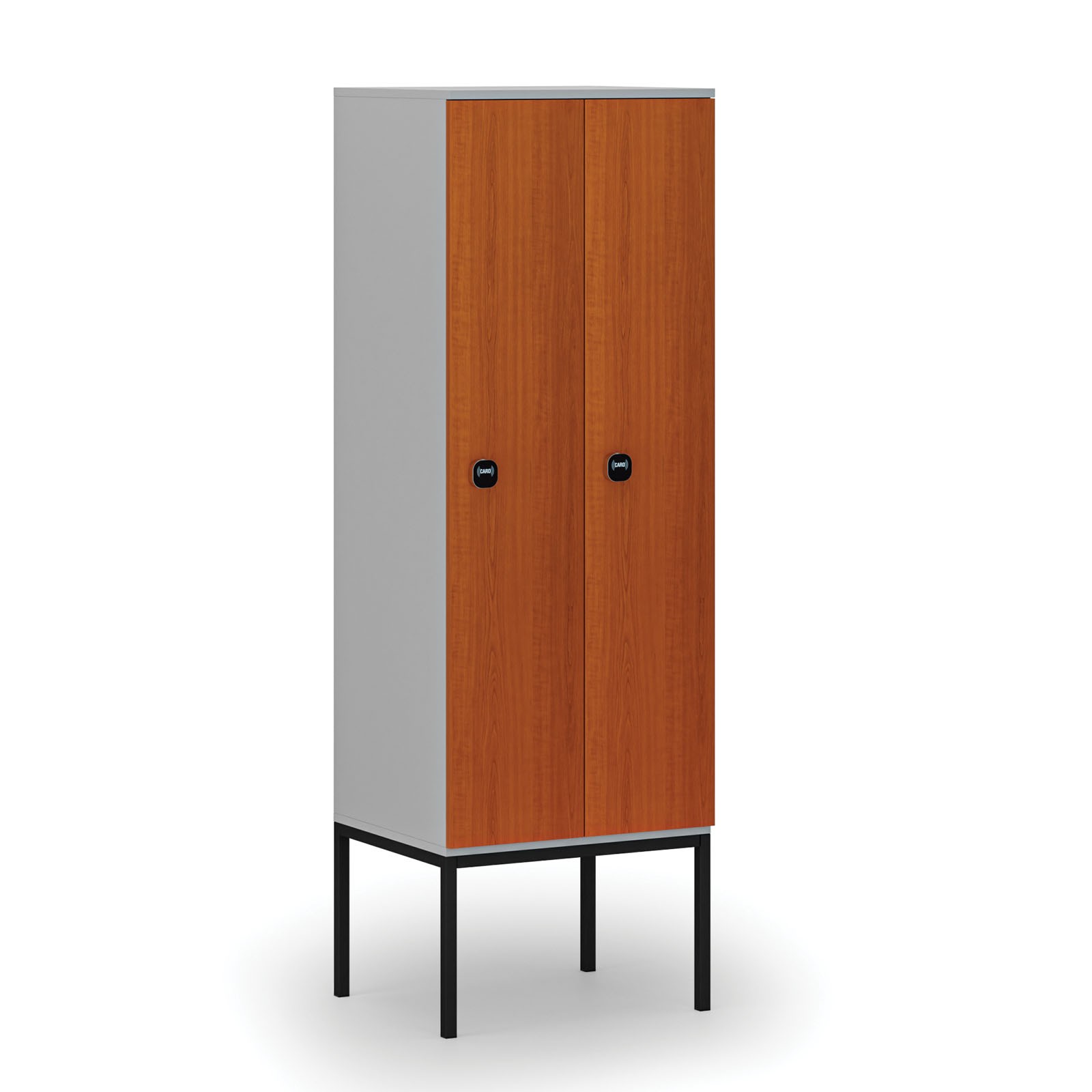 Drewniana szafa ubraniowa z podstawą, 2-drzwiowa, 1871 x 600 x 500 mm, zamek RFID, szary/czereśnia