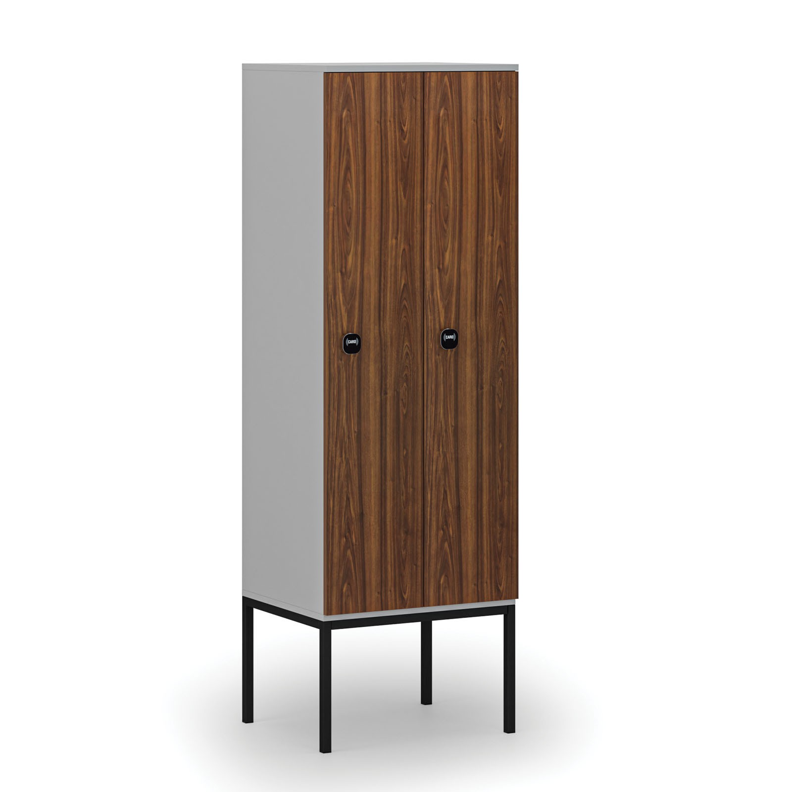 Drewniana szafa ubraniowa z podstawą, 2-drzwiowa, 1871 x 600 x 500 mm, zamek RFID, szary/orzech