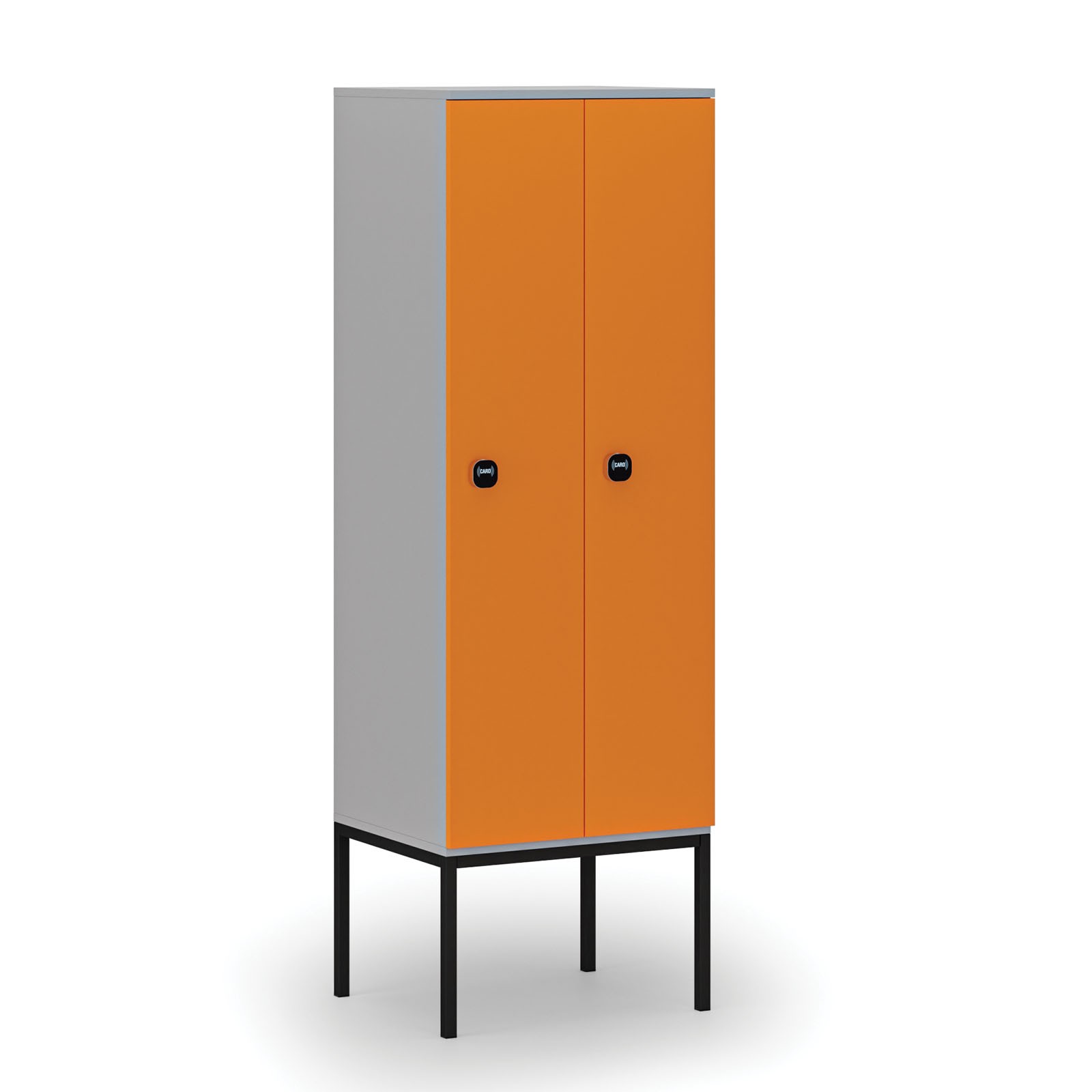 Drewniana szafa ubraniowa z podstawą, 2-drzwiowa, 1871 x 600 x 500 mm, zamek RFID, szary/pomarańczowy
