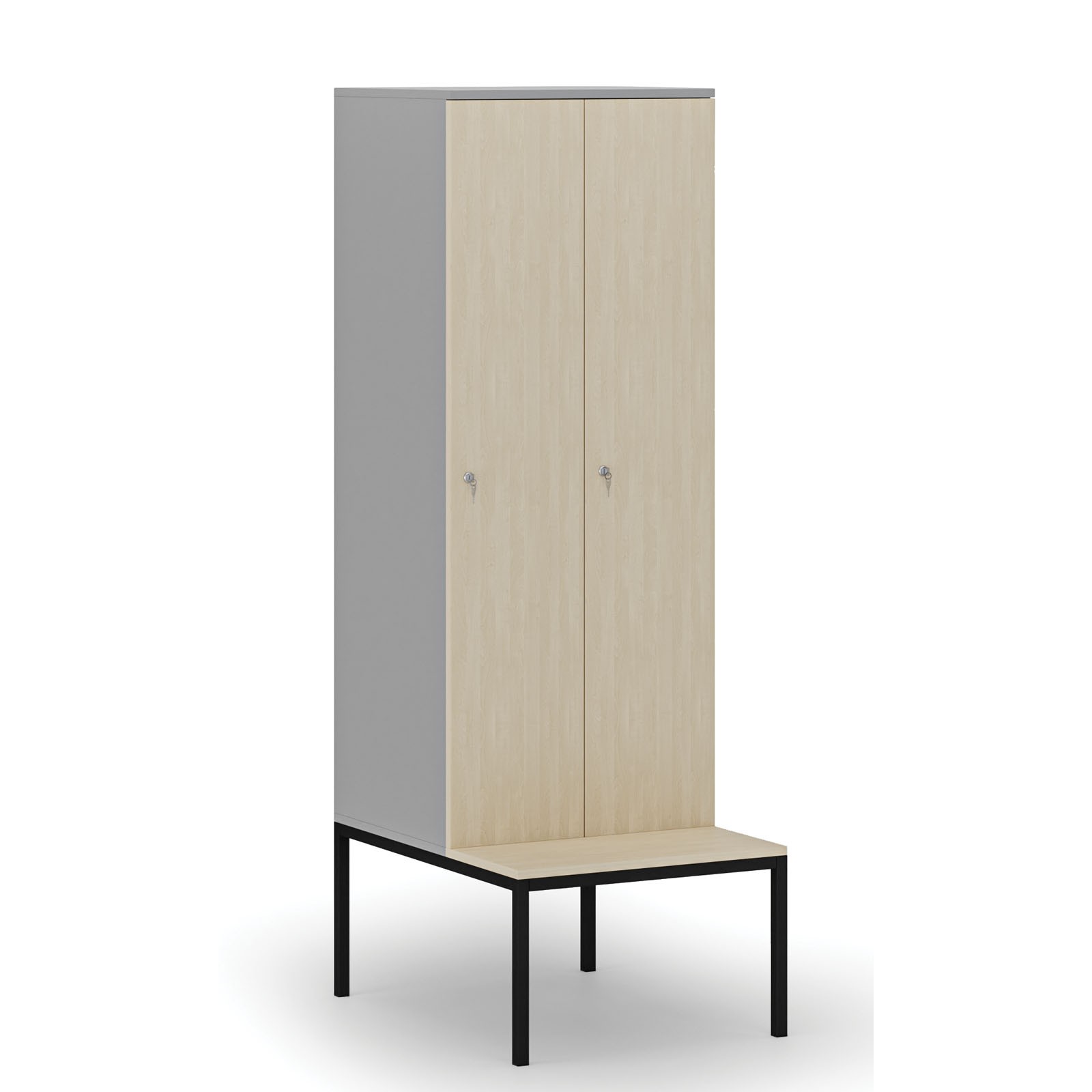 Drewniana szafa ubraniowa z ławką, 2-drzwiowa, 1871 x 600 x 500/800 mm, zamek cylindryczny, szary/brzoza