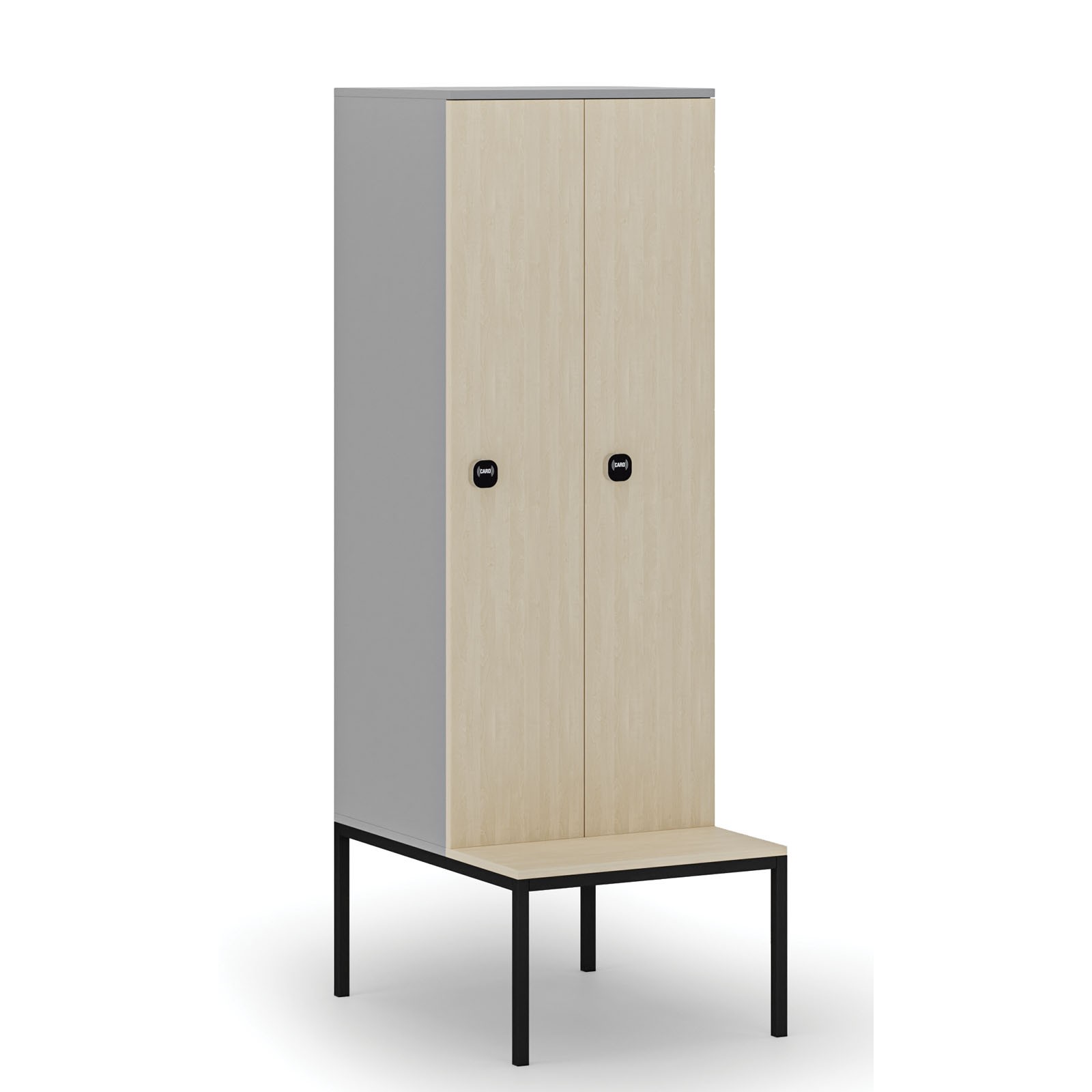 Drewniana szafa ubraniowa z ławką, 2-drzwiowa, 1871 x 600 x 500/800 mm, zamek RFID, szary/brzoza