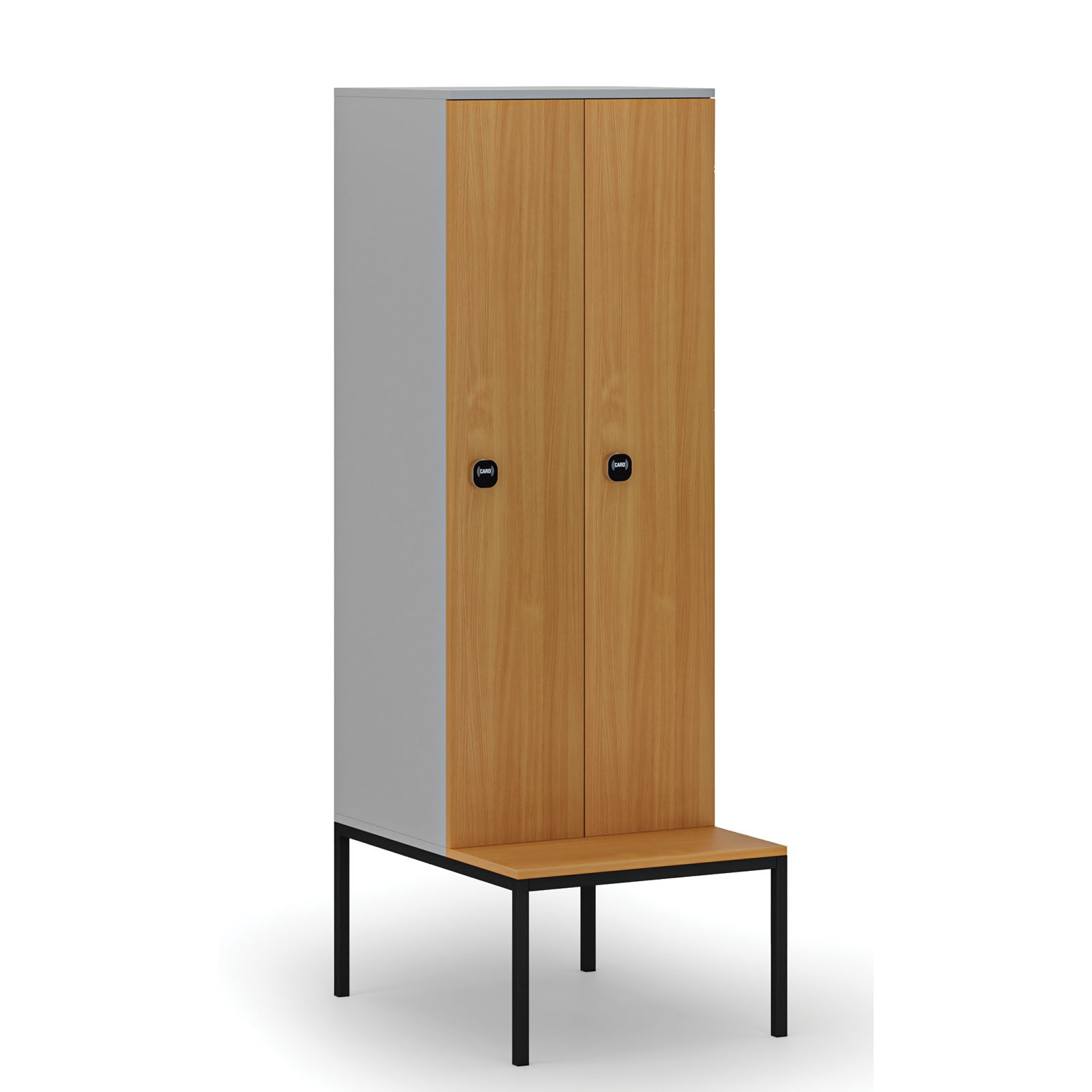 Drewniana szafa ubraniowa z ławką, 2-drzwiowa, 1871 x 600 x 500/800 mm, zamek RFID, szary/buk