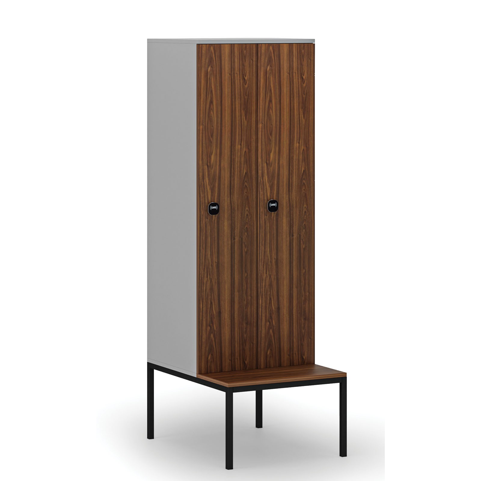 Drewniana szafa ubraniowa z ławką, 2-drzwiowa, 1871 x 600 x 500/800 mm, zamek RFID, szary/orzech