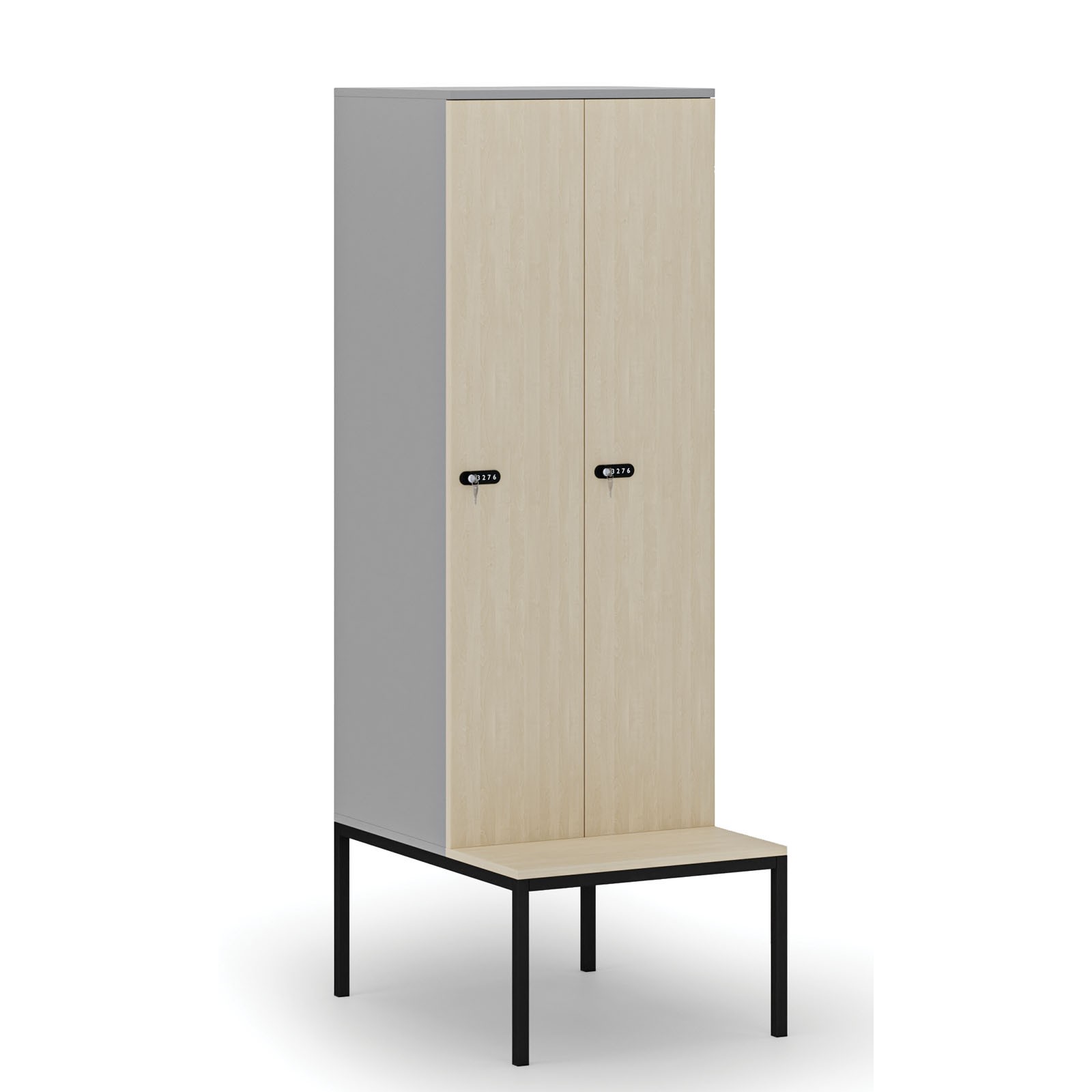 Drewniana szafa ubraniowa z ławką, 2-drzwiowa, 1871 x 600 x 500/800 mm, zamek mechaniczny z kodem, szary/brzoza