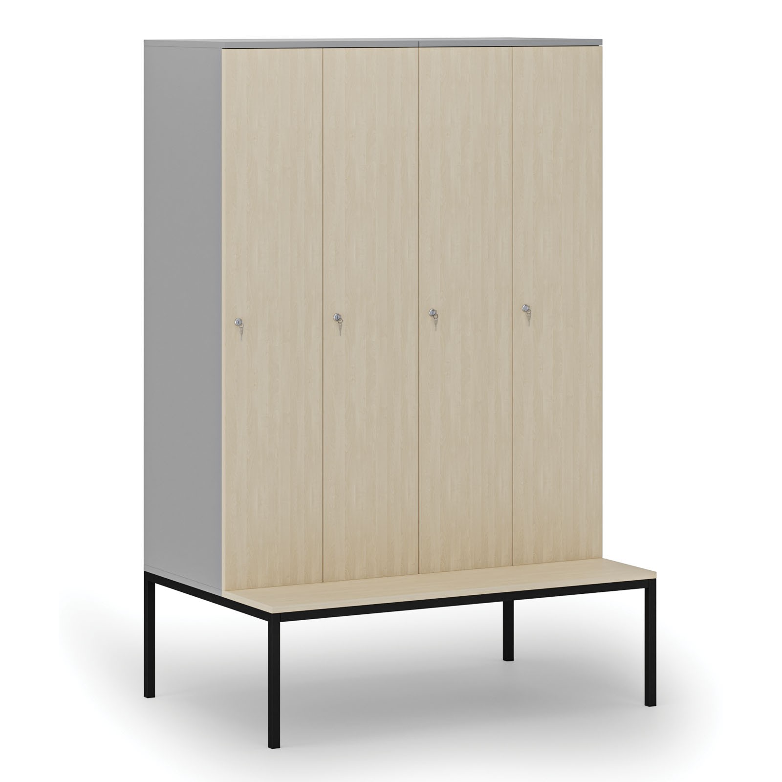 Drewniana szafa ubraniowa z ławką, 4-drzwiowa, 1871 x 1200 x 500/800 mm, zamek cylindryczny, szary/brzoza