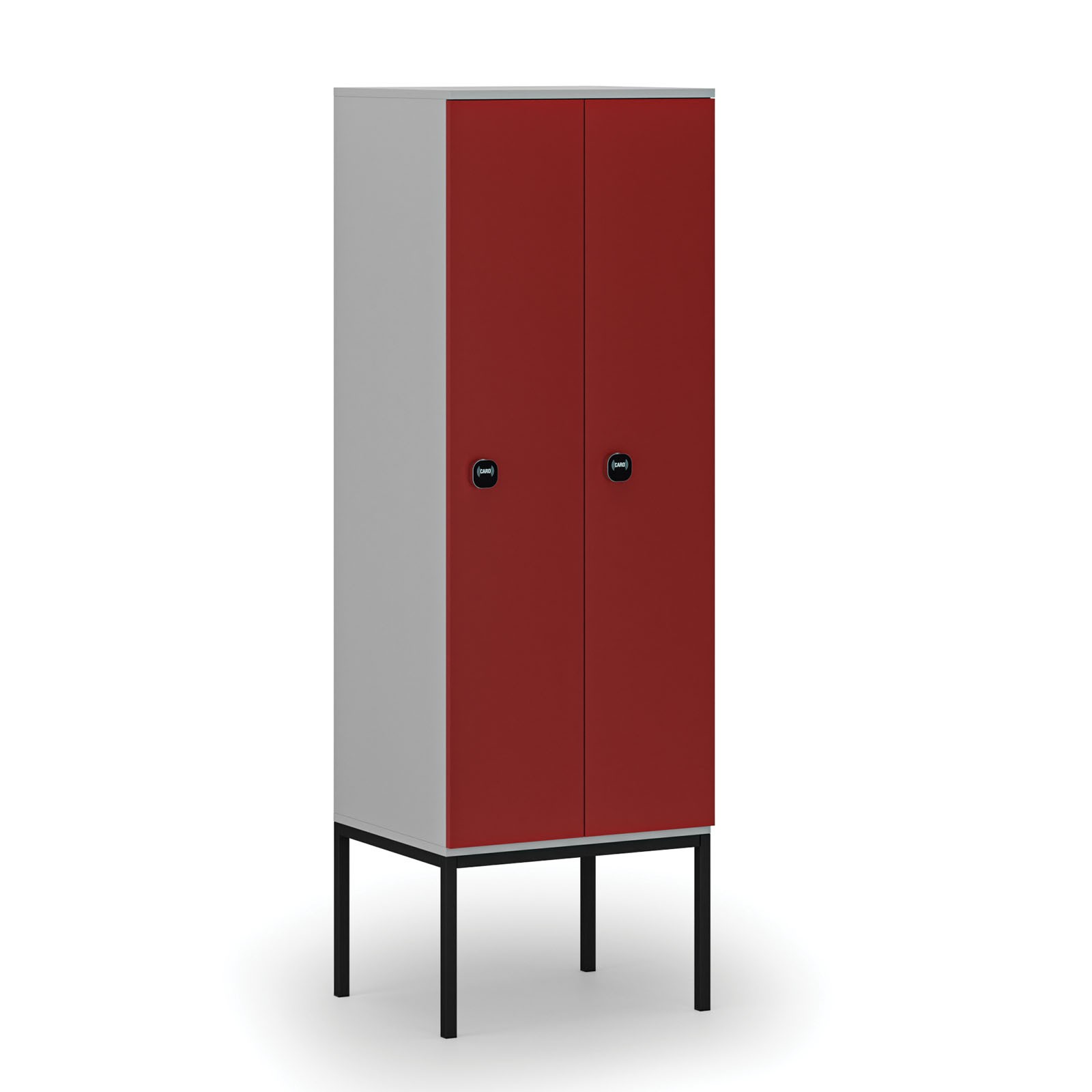 Drewniana szafa ubraniowa z podstawą, 2-drzwiowa, 1871 x 600 x 500 mm, zamek RFID, szary/czerwony