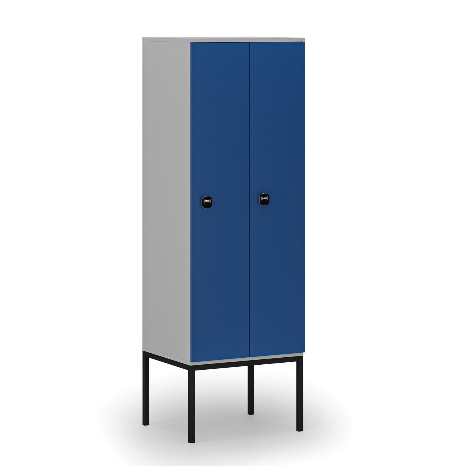 Drewniana szafa ubraniowa z podstawą, 2-drzwiowa, 1871 x 600 x 500 mm, zamek RFID, szary/niebieski