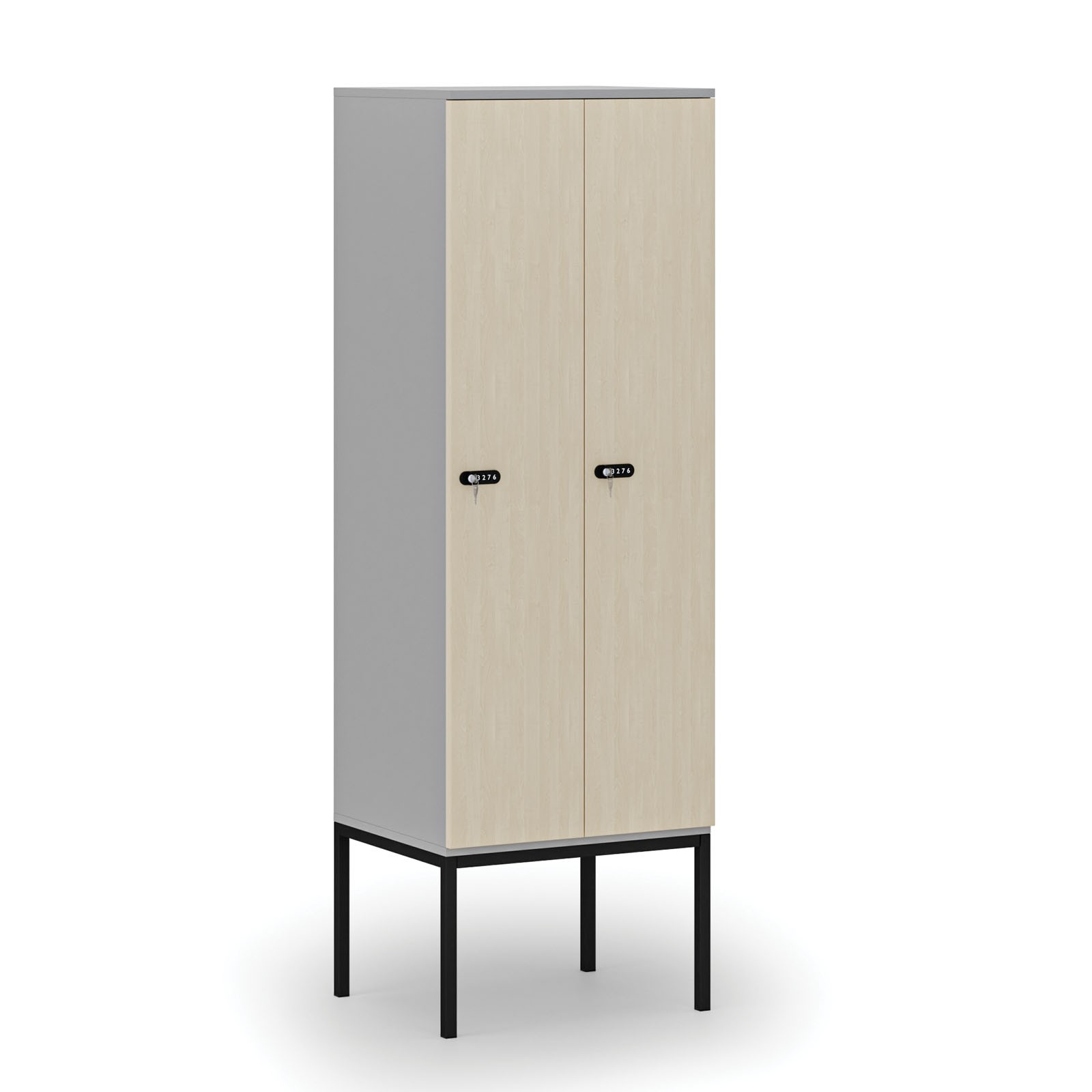 Drewniana szafa ubraniowa z podstawą, 2 przegródki, zamek mechaniczny z kodem, szary/brzoza