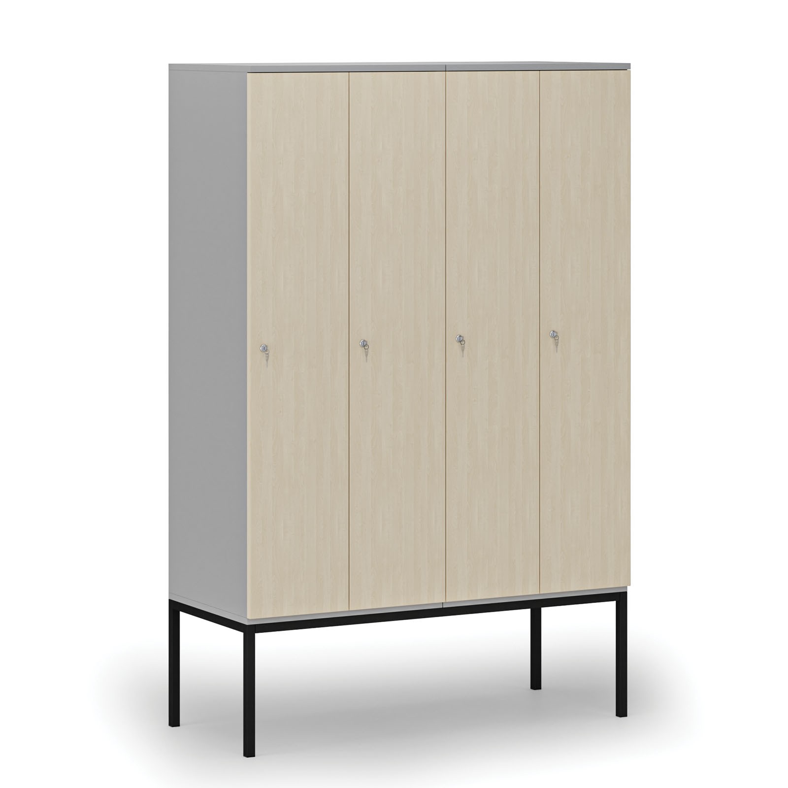 Drewniana szafa ubraniowa z podstawą, 4-drzwiowa, 1871 x 1200 x 500 mm, zamek cylindryczny, szary/brzoza