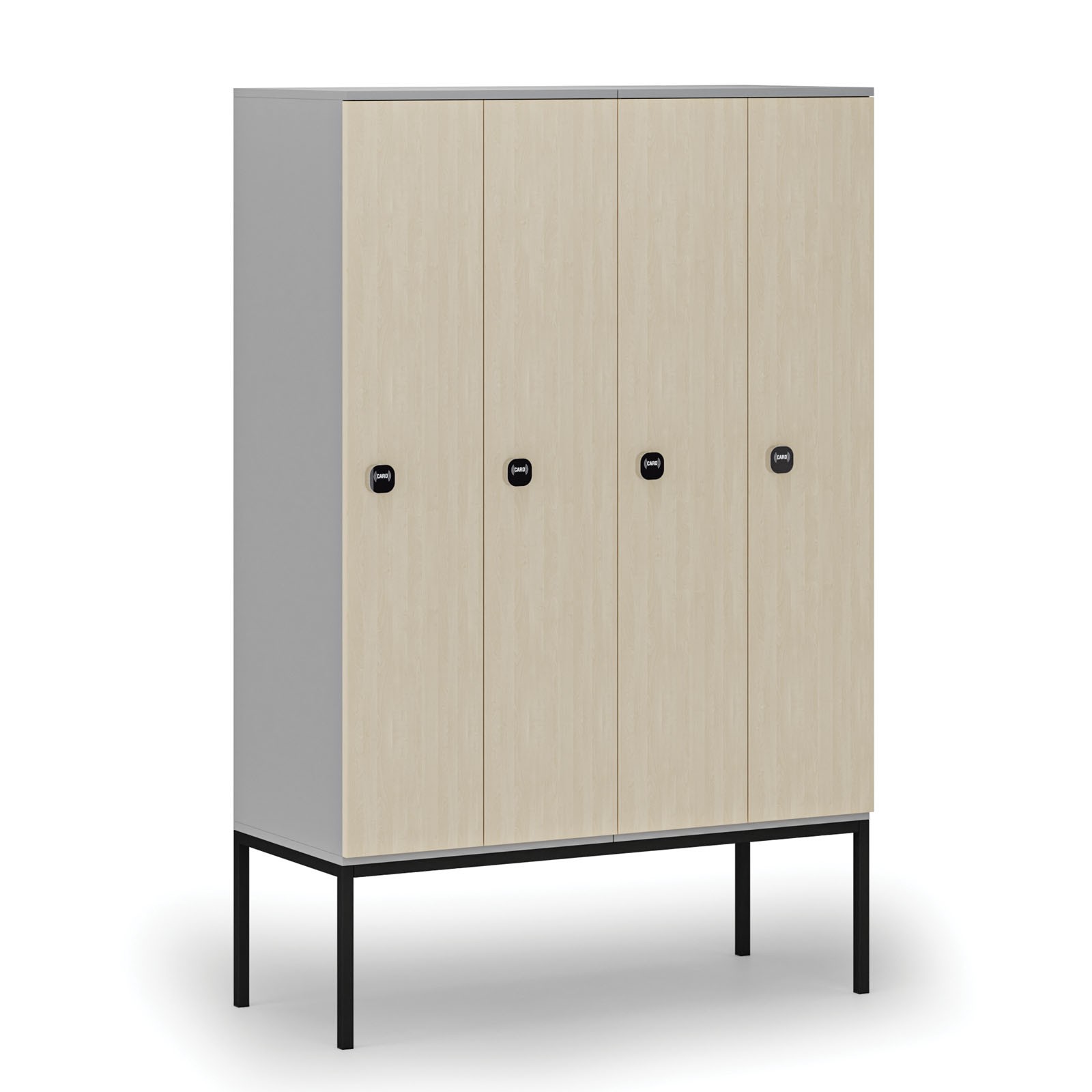 Drewniana szafa ubraniowa z podstawą, 4-drzwiowa, 1871 x 1200 x 500 mm, zamek RFID, szary/brzoza