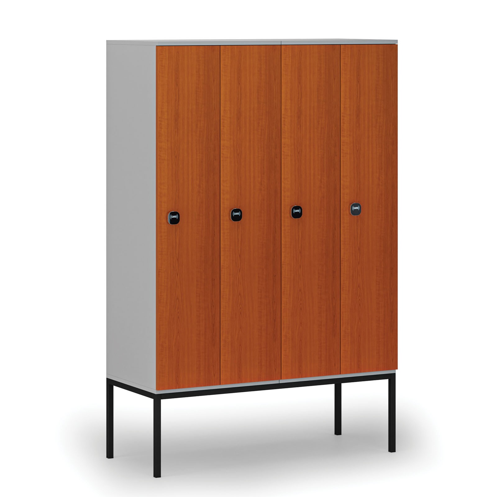 Drewniana szafa ubraniowa z podstawą, 4-drzwiowa, 1871 x 1200 x 500 mm, zamek RFID, szary/czereśnia