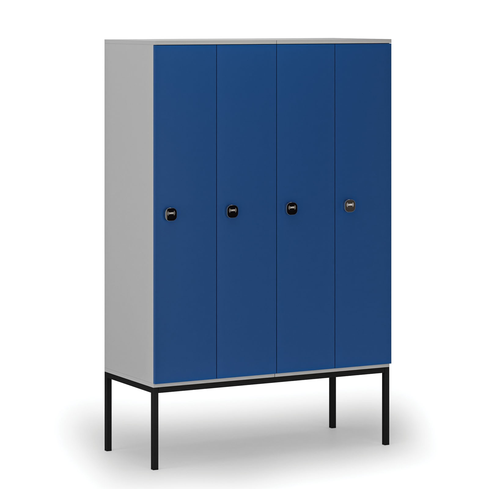 Drewniana szafa ubraniowa z podstawą, 4-drzwiowa, 1871 x 1200 x 500 mm, zamek RFID, szary/niebieski