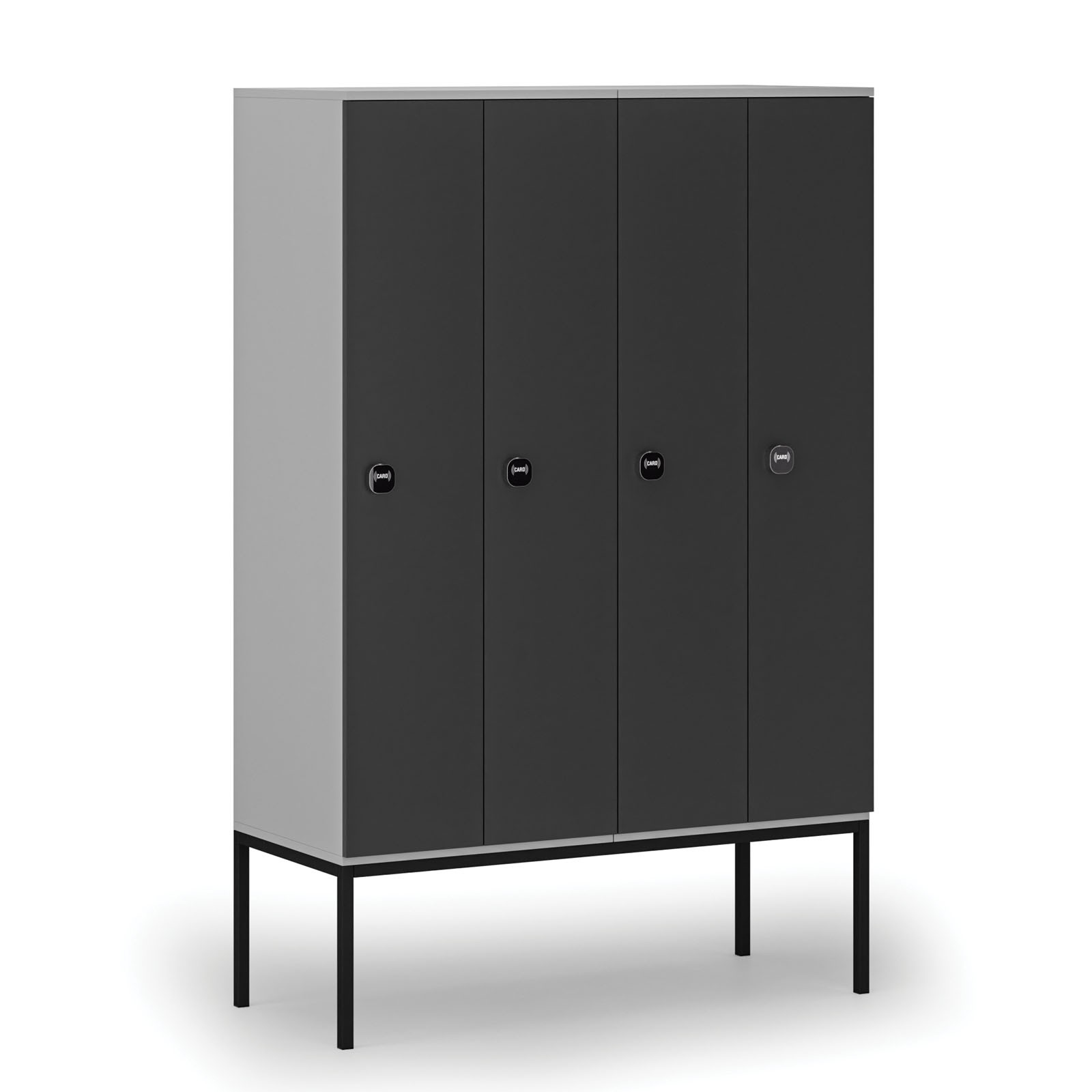 Drewniana szafa ubraniowa z podstawą, 4-drzwiowa, 1871 x 1200 x 500 mm, zamek RFID, szary/grafitowy