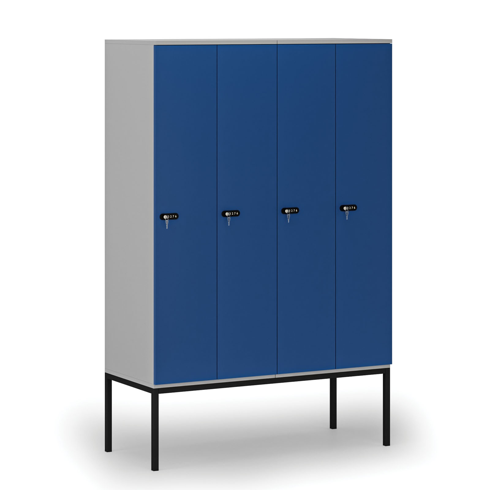 Drewniana szafa ubraniowa z podstawą, 4-drzwiowa, 1871 x 1200 x 500 mm, zamek mechaniczny z kodem, szary/niebieski