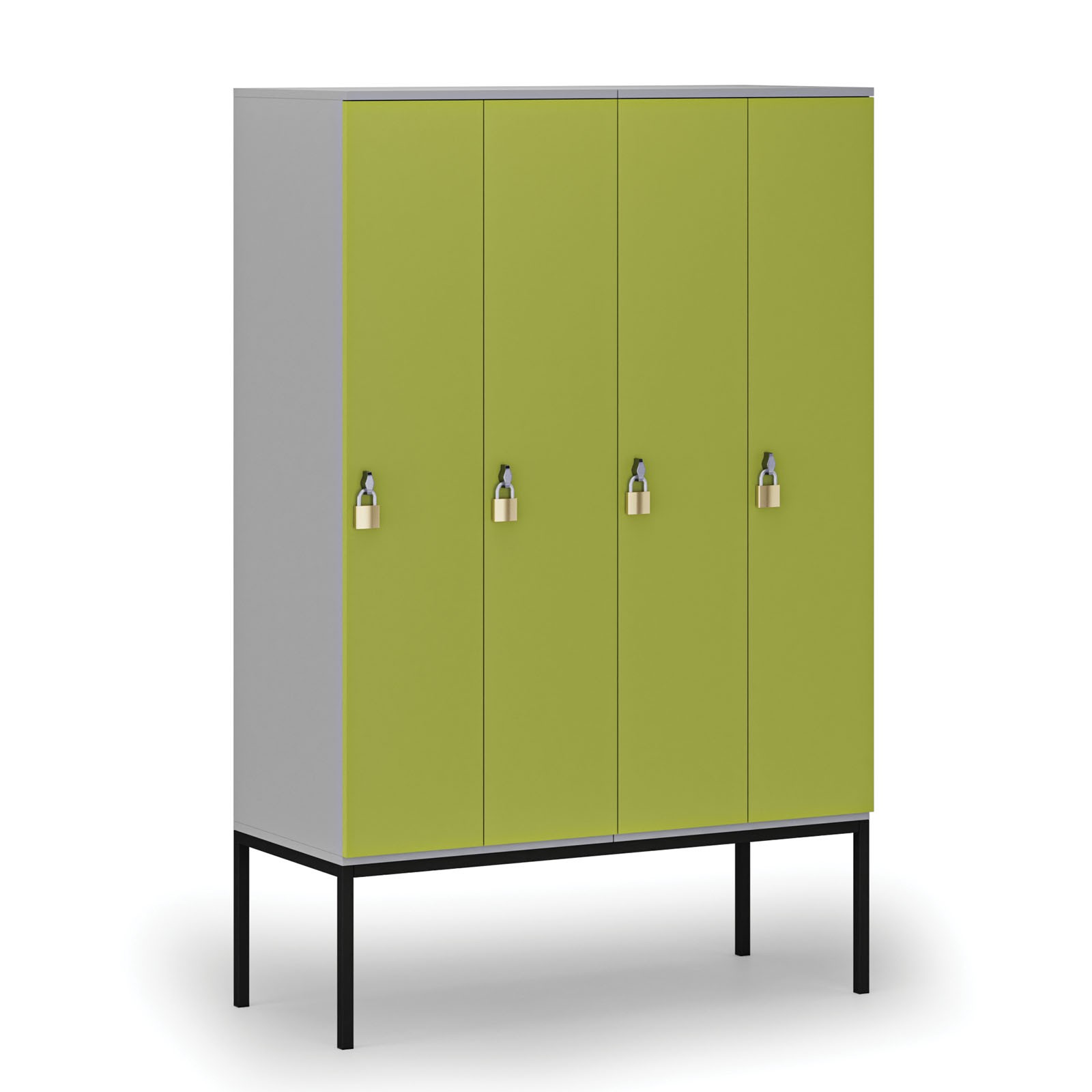 Drewniana szafa ubraniowa z podstawą, 4 przegródki, zamek obrotowy, szary/zielony