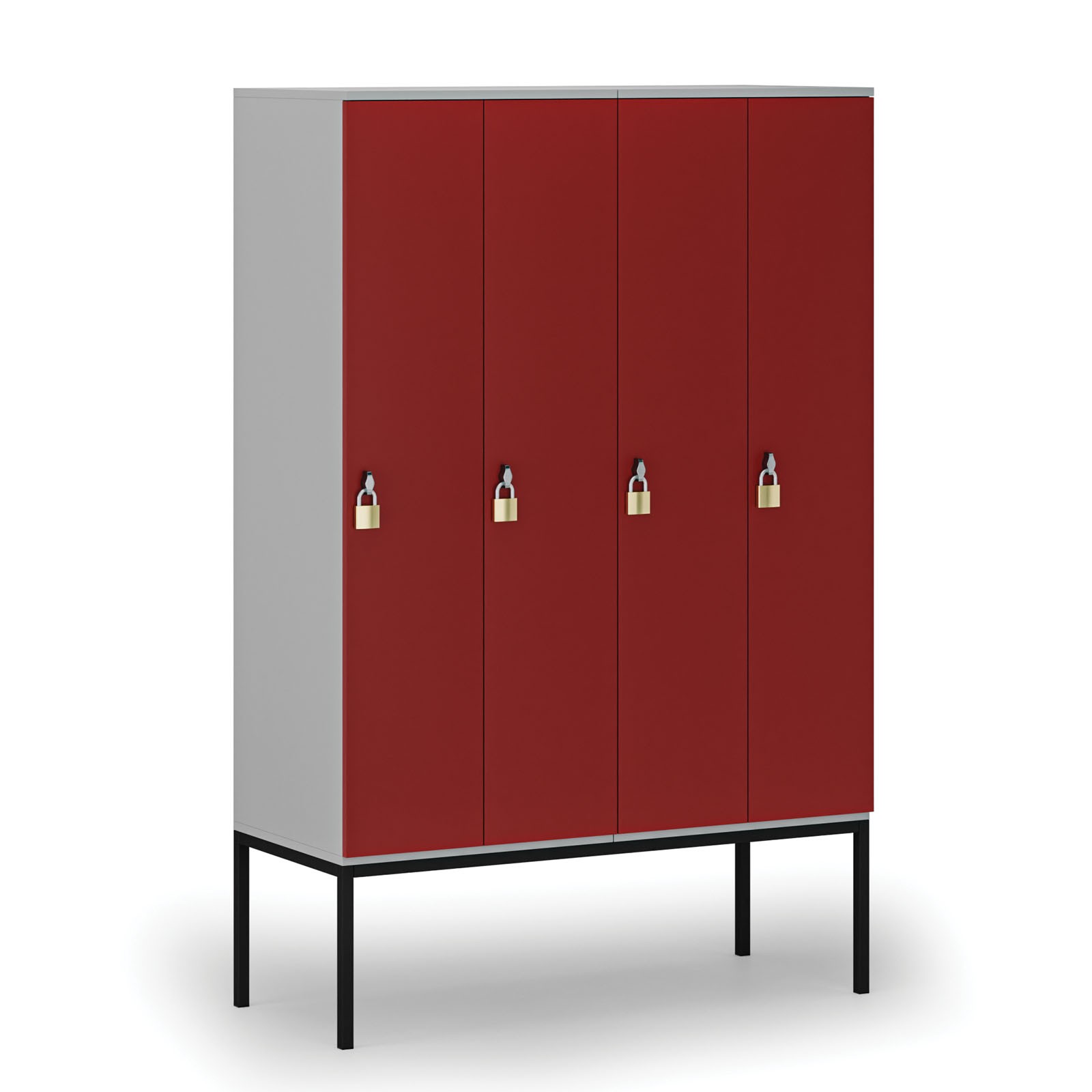 Drewniana szafa ubraniowa z podstawą, 4 przegródki, zamek obrotowy, szary/czerwony