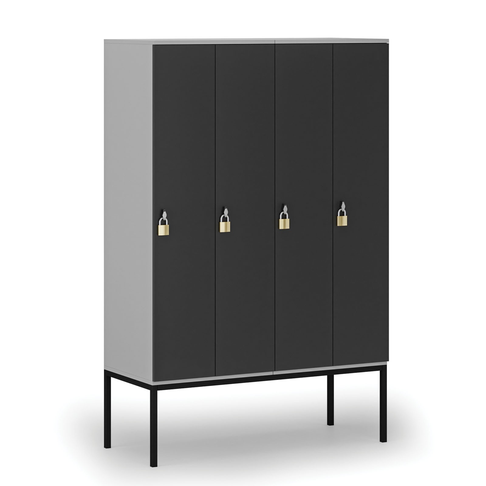 Drewniana szafa ubraniowa z podstawą, 4 przegródki, zamek obrotowy, szary/grafitowy