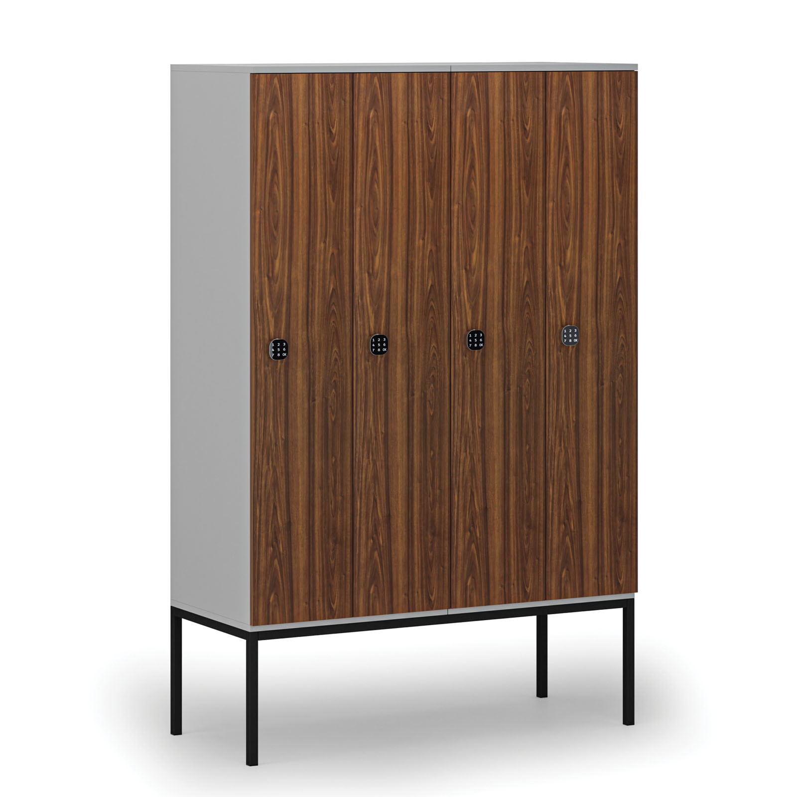 Drewniana szafa ubraniowa z podstawą, 4 przegródki, zamek kodowy, szary/orzech
