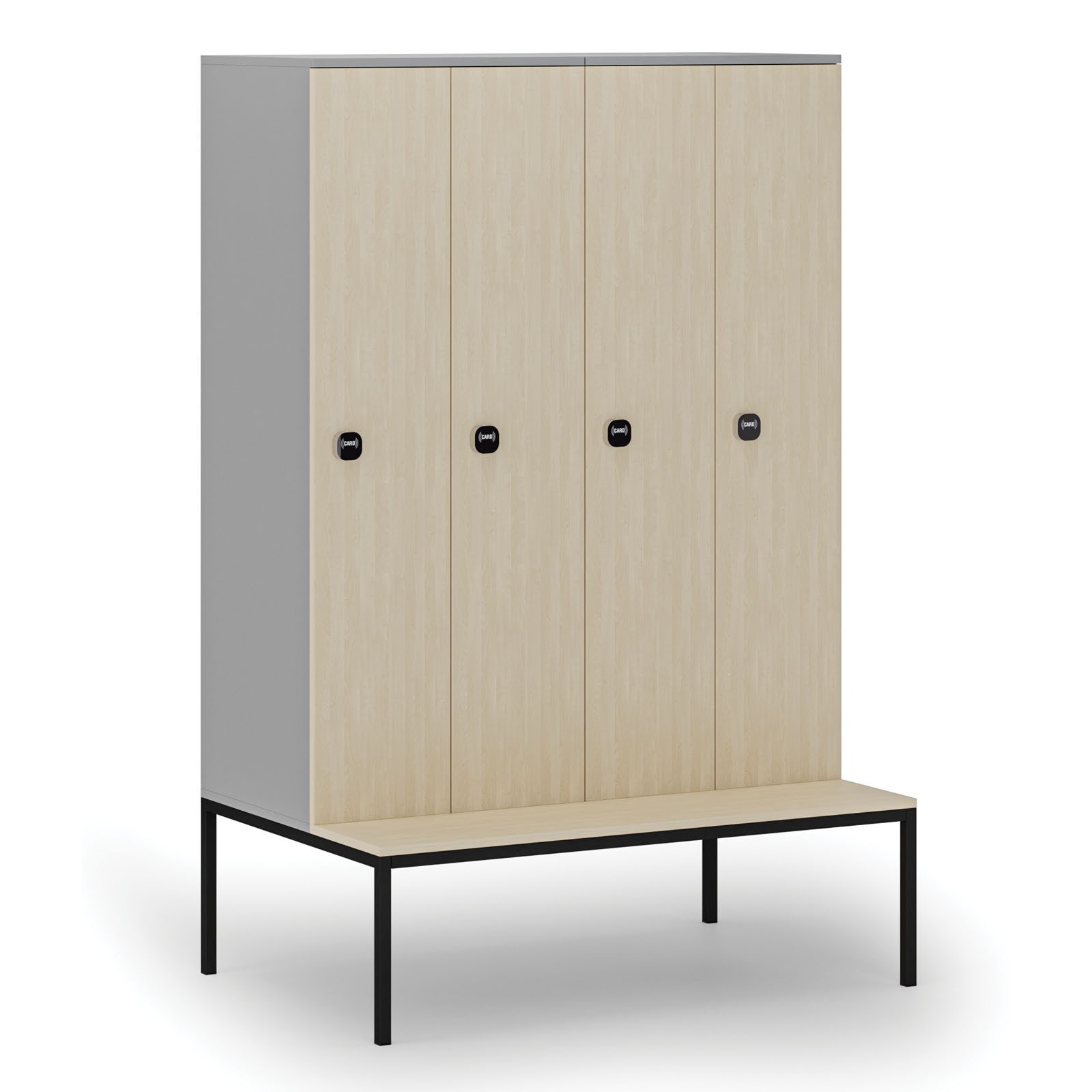 Drewniana szafa ubraniowa z ławką, 4-drzwiowa, 1871 x 1200 x 500/800 mm, zamek RFID, szary/brzoza