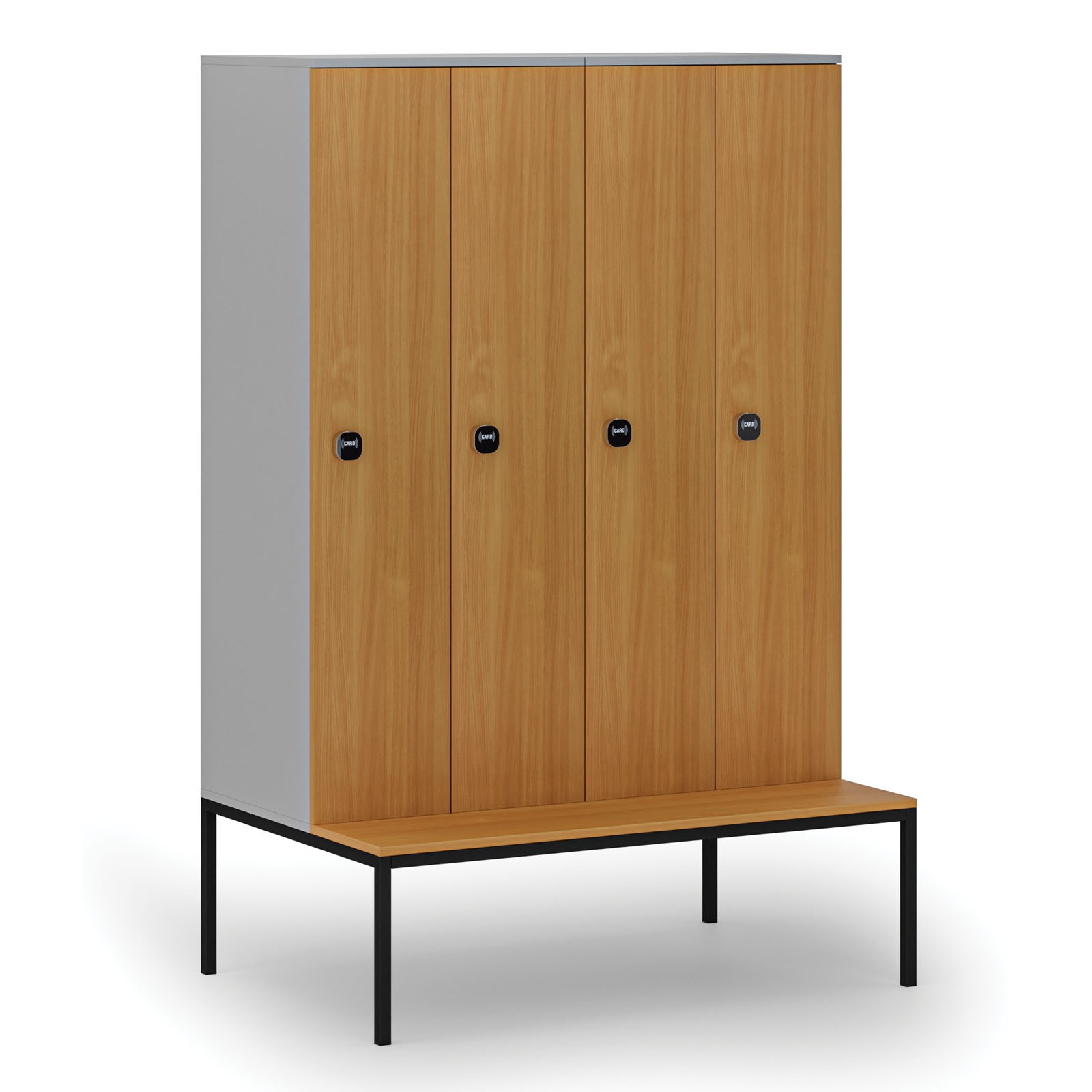 Drewniana szafa ubraniowa z ławką, 4-drzwiowa, 1871 x 1200 x 500/800 mm, zamek RFID, szary/buk