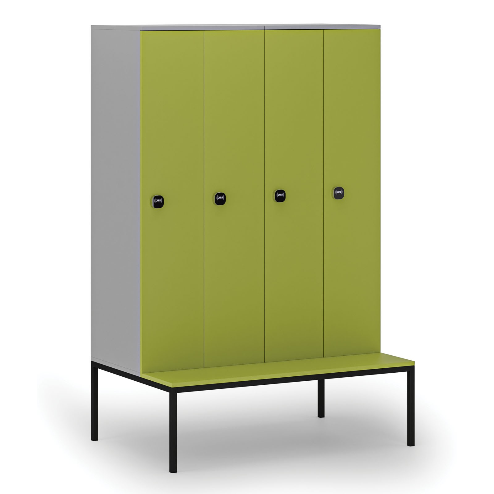 Drewniana szafa ubraniowa z ławką, 4-drzwiowa, 1871 x 1200 x 500/800 mm, zamek RFID, szary/zielony