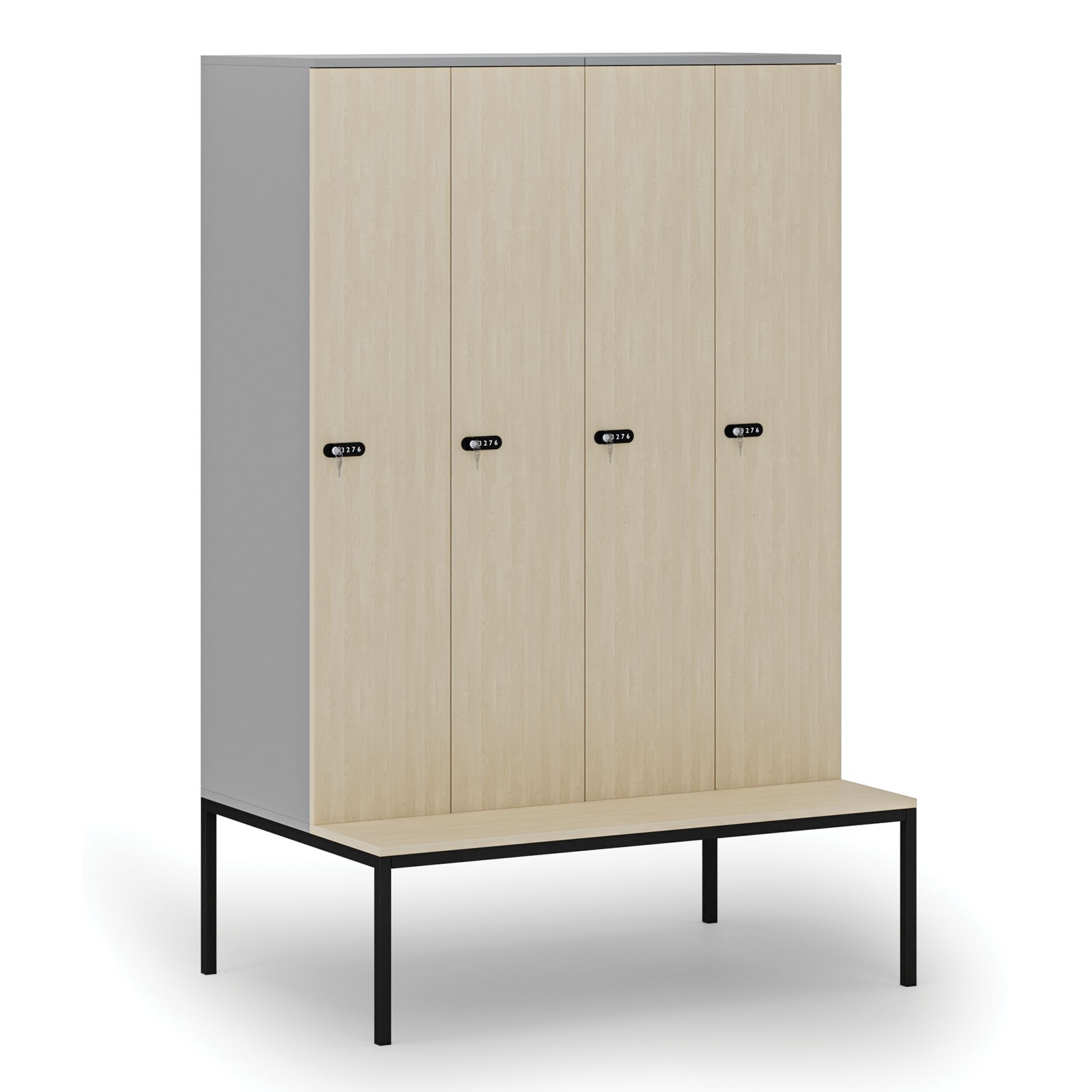 Drewniana szafa ubraniowa z ławką, 4-drzwiowa, 1871 x 1200 x 500/800 mm, zamek mechaniczny z kodem, szary/brzoza