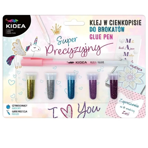 Precyzyjny klej w cienkopisie + 5 brokatów KIDEA - DERFORM