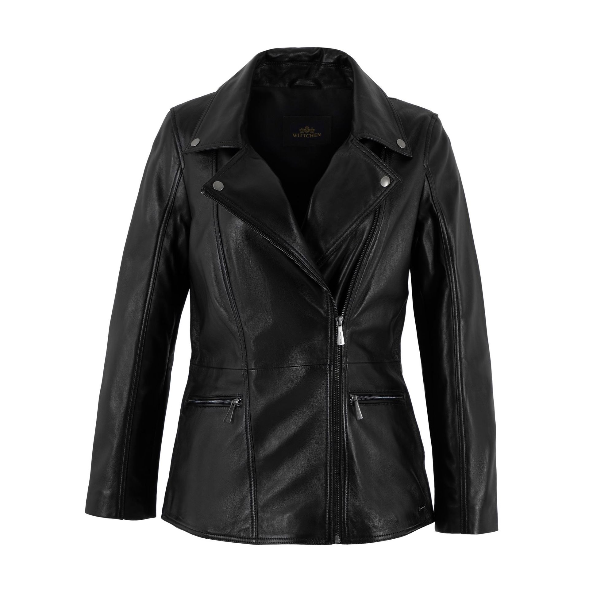 Damska kurtka biker skórzana z klasycznym kołnierzem czarna