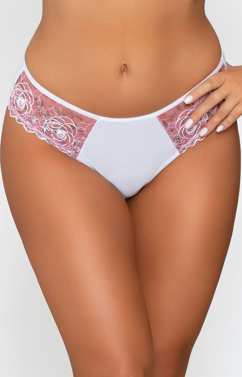 Fiori stringi damskie brazyliany z haftem, Kolor biało-różowy, Rozmiar S, PariPari Lingerie - Intymna