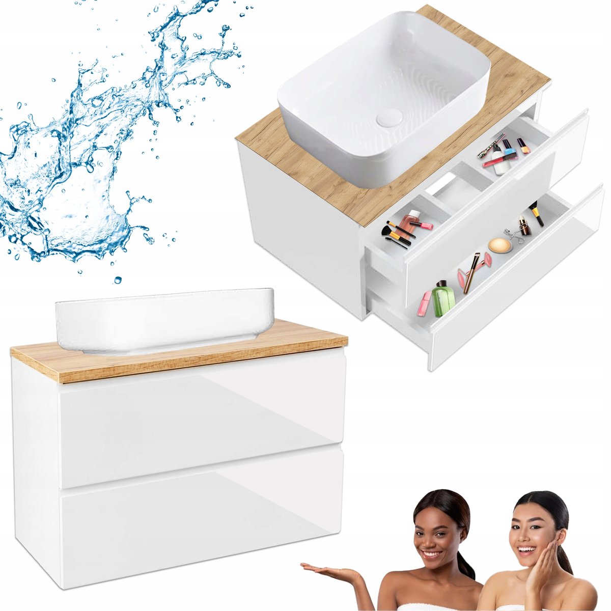 Szafka Wisząca Mod Biała z Blatem Dąb Złoty 80 Połysk Umywalka Nablatowa 50